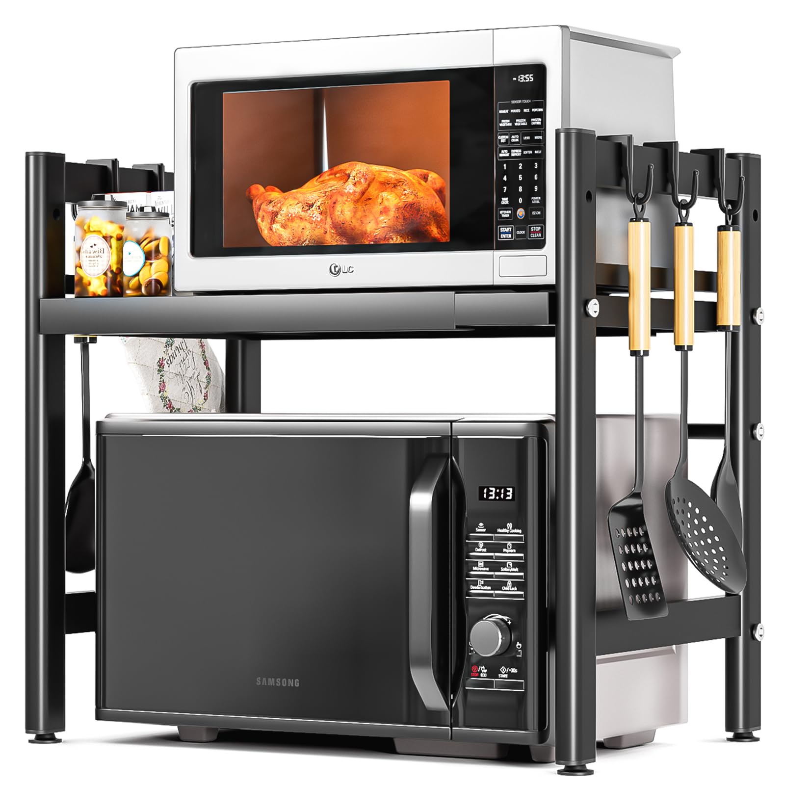 Vankarr Soporte para Microondas y Horno Cocina con 6 Ganchos, Estanteria para Microondas Encimera, Mueble Extensible Microondas Cocina