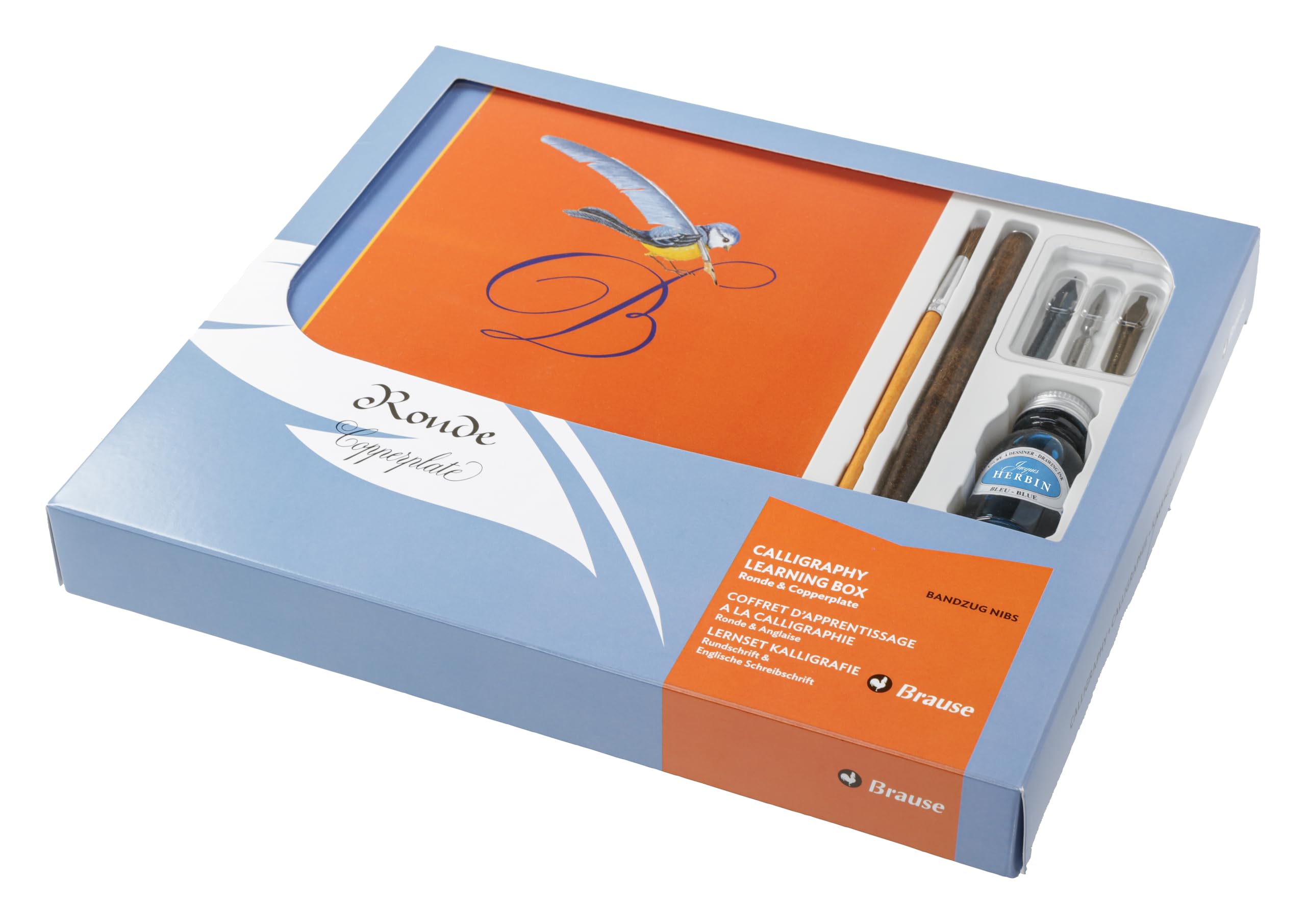 Brause 98206B - Junior calligraphy set containing 3 nibs, a penholder, a brush, a label sheet, a bottle of Jacques Herbin blue ink and a notebook (French)