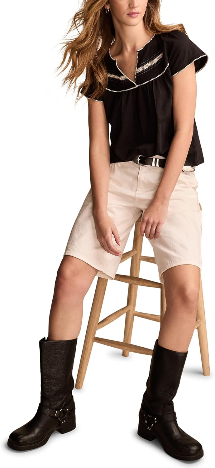 Lucky Brand Womens Contrast Trim Short Sleeve Peasant Top