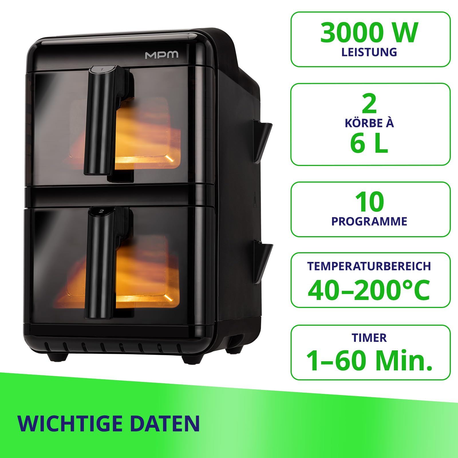 MPM Air Fryer Freidora de Aire Caliente 2 Cámaras XXL 12 L Superpuesta 3000 W