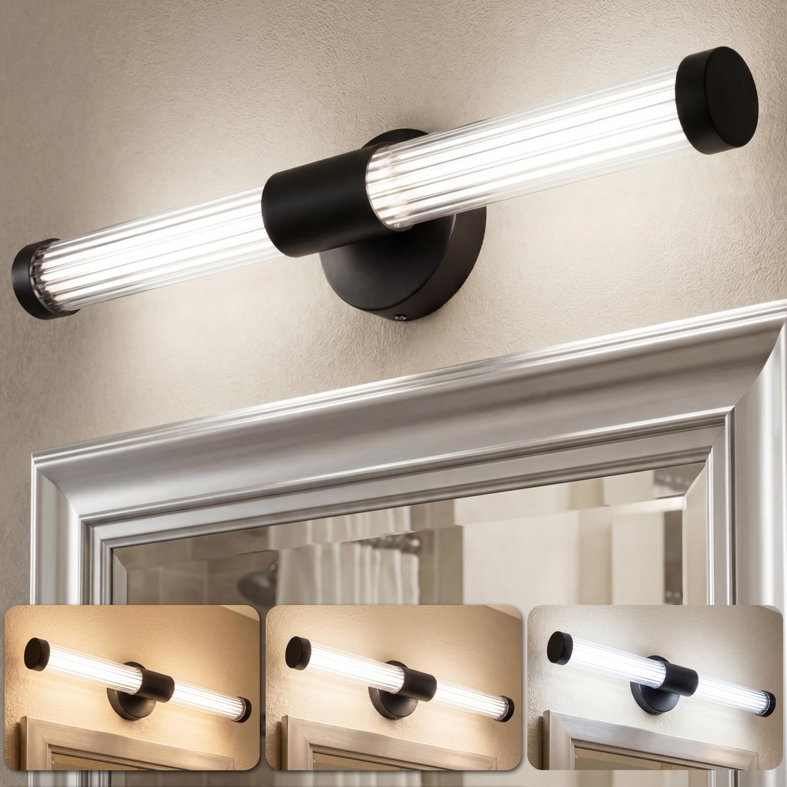 OSYNNIQ Bathroom Over Mirror Light, 12W 3 Colors Dimmable Warm LED Light Mirror Lamp IP44 Shaving& Make Up Light Above Bathrooms Picture Lights for Living Room Black