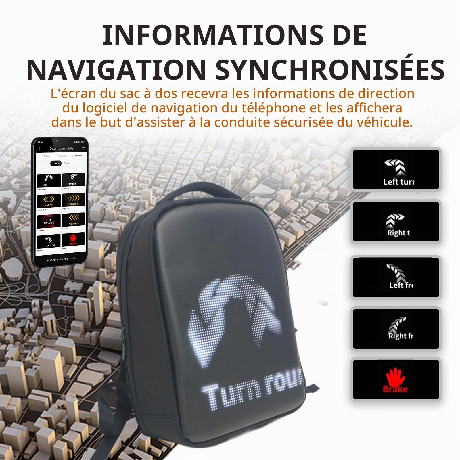 Sac à dos de randonnée LED programmable avec affichage dynamique des images - Pochette pour ordinateur portable de 15,6 pouces - Épaule réglable - Promotion de vacances - Utilisation de sacs à
