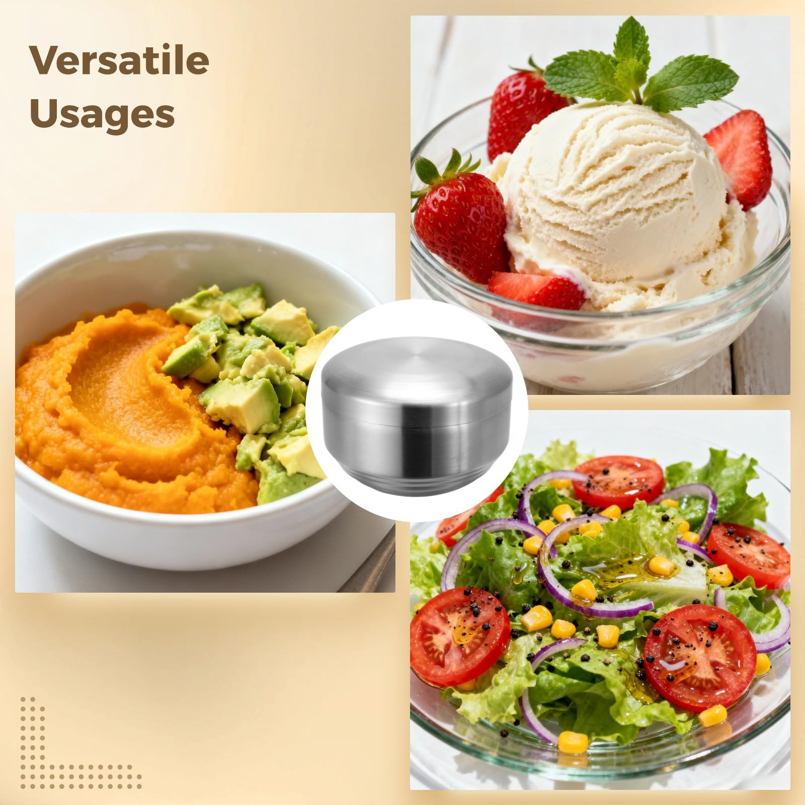 4 Stück Reisschüsseln aus Edelstahl, 12,4 cm, koreanische Suppenschüssel mit Deckel, doppelwandige, isolierte Salat-Servierschalen, Set für Restaurant, Zuhause