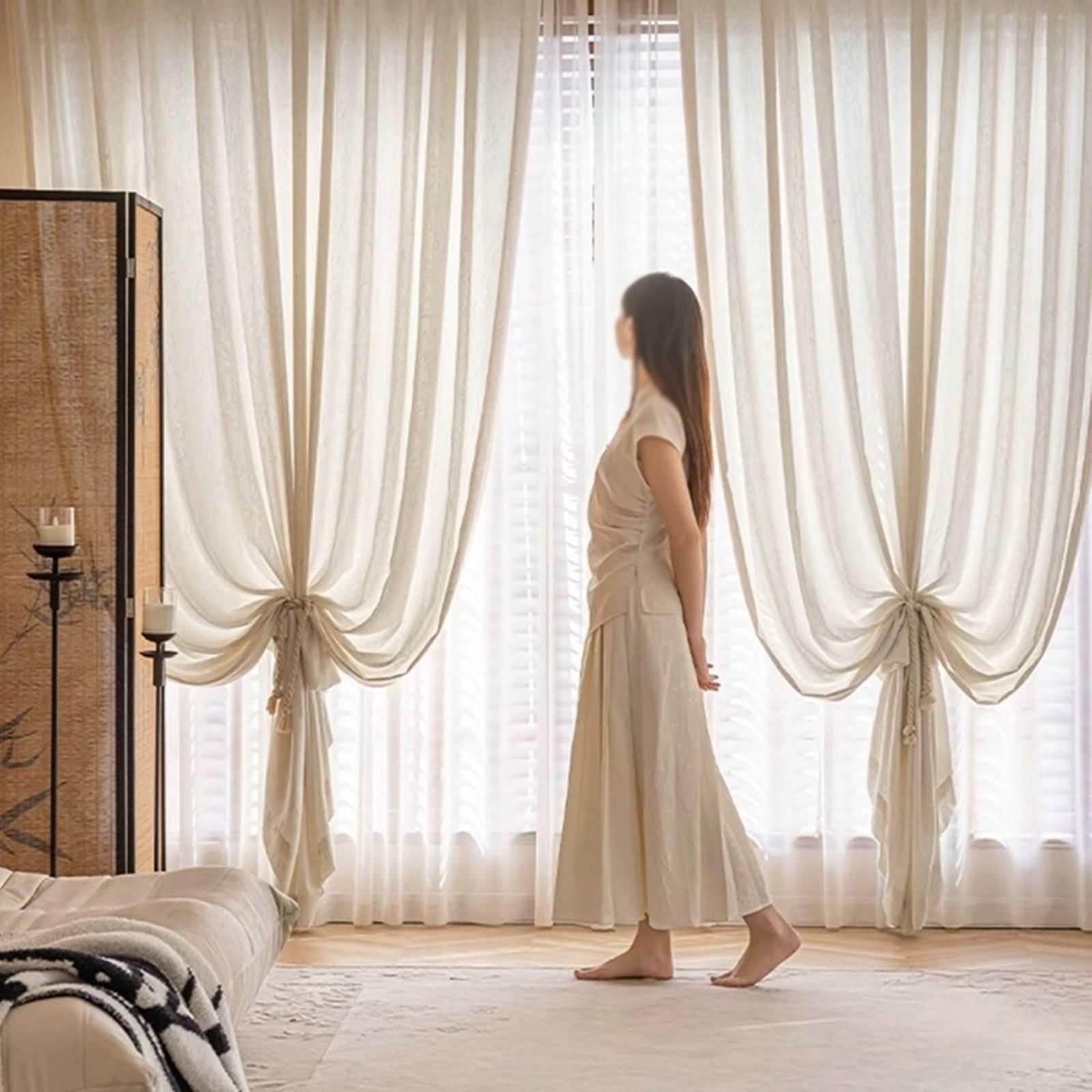 Voile Curtains, Rideaux d'Extérieur Transparent Beige Couleur Unie avec Textures Géométriques Chanvre Lot de 2 137W x 229L cm
