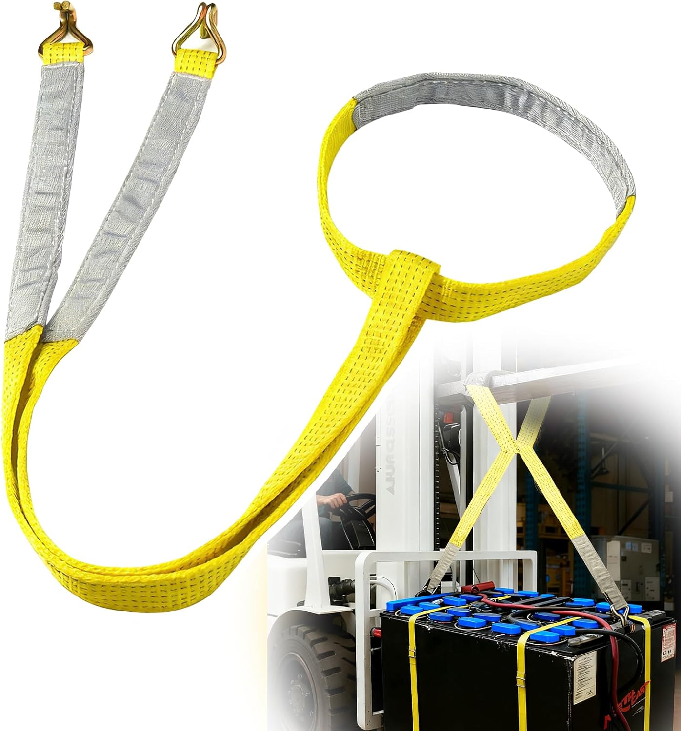Heavy Duty Industrial Forklift Battery Lifting Sling Beam, 2 Inch x 5 ft 2-ply Recycled Polyester Carrying Sling Webbing with 12" Wire Hook Lift Round Ring, Battery Changing Strap 5000#