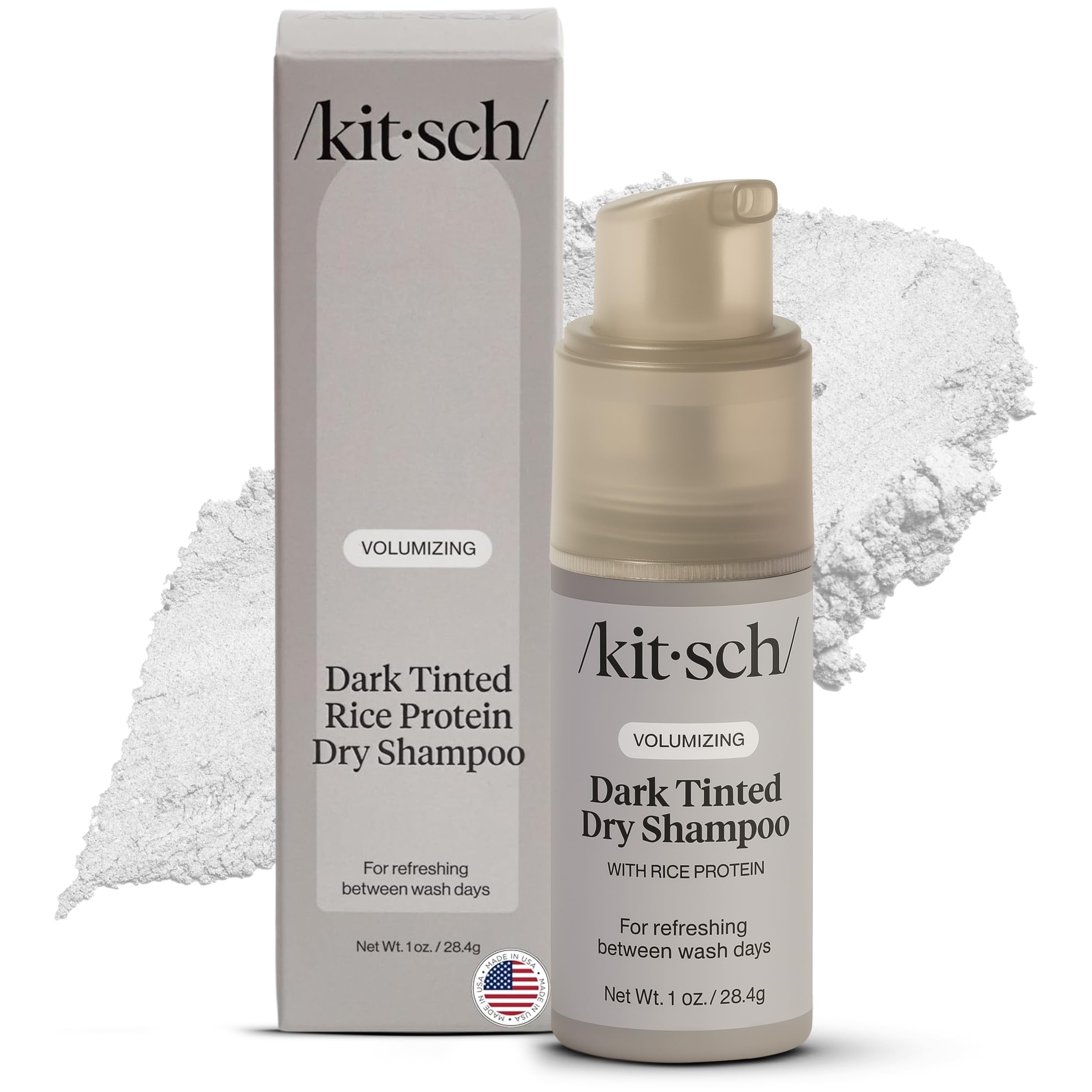 Kitsch Volumizing Rice Protein Dry Shampoo Powder - Dry Shampoo for Women & Men, Dark Hair, No White Cast, Absorbs Oil, Non-Greasy, Fragrance Free, Travel Size in Pump Form - Dark Tinted 1oz