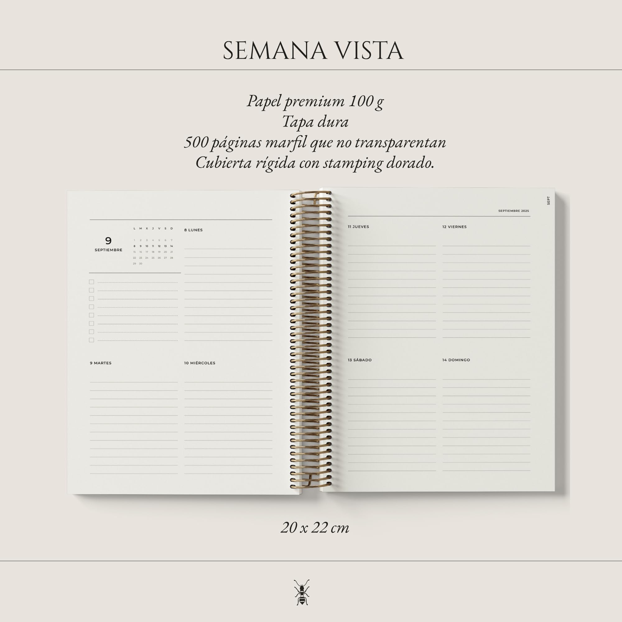 Agenda Académica 2025-2026 | Semana Vista | 290 pág. papel 120 g | Calendario, gastos, viajes, objetivos y notas | 20 × 22 cm (Print Butano)