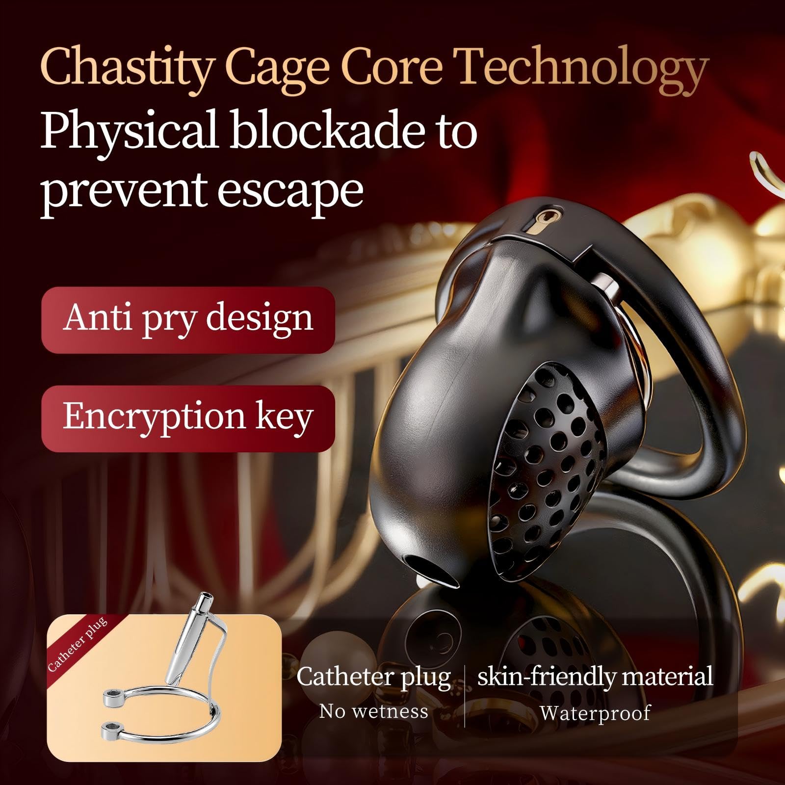 Chastity Cage PA Cage de Chasteté pour Pénis avec Cathéter Métallique et 5 Anneaux Différents Sex Toýs Homme Cage Chastetée en Plastique avec Serrure et Ceinture pour Bondage le Pénis (Black)