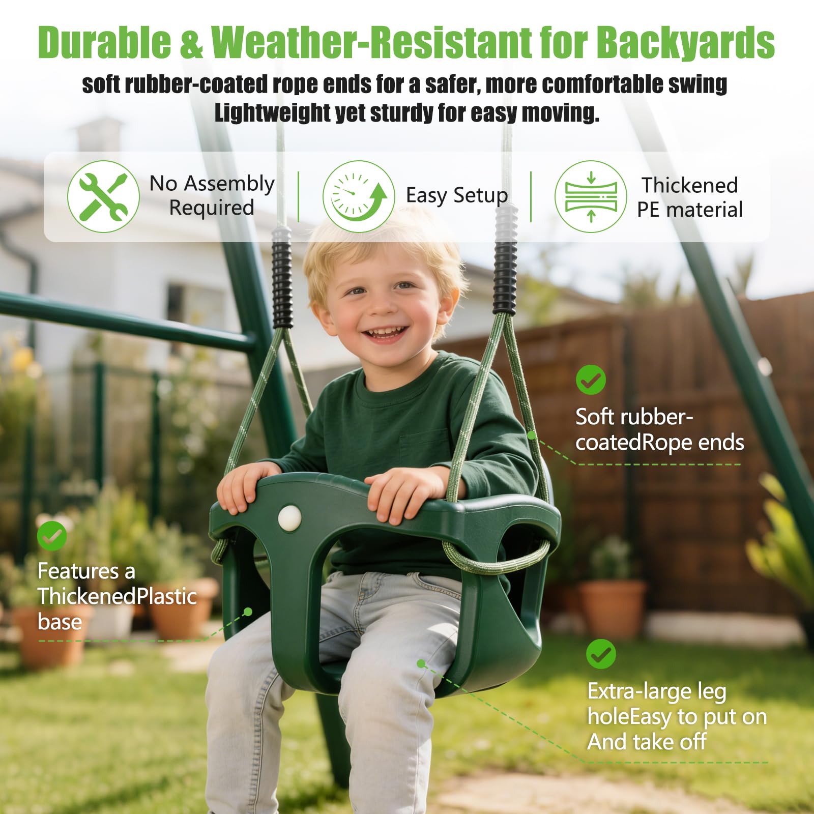Altalena per bambini, per esterni, con schienale alto, in plastica, con corda regolabile da 1,3-2 m e 2 moschettoni, per bambini, altalena da giardino, verde, 90 kg