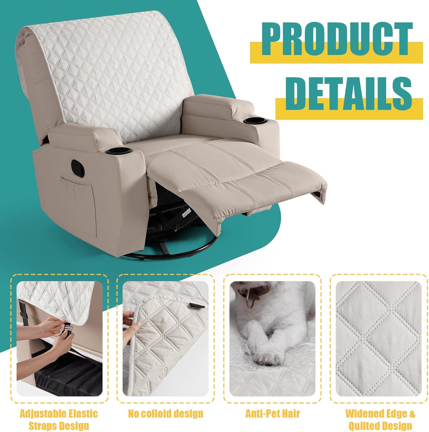 Ruaozz 100% Waterproof Recliner Chair Covers, Upgraded Non Slip Recliner Backrest Cover, Washable Recliner Covers for Reclining Chair with Straps, Headrest Covers for Recliner Chair, Beige