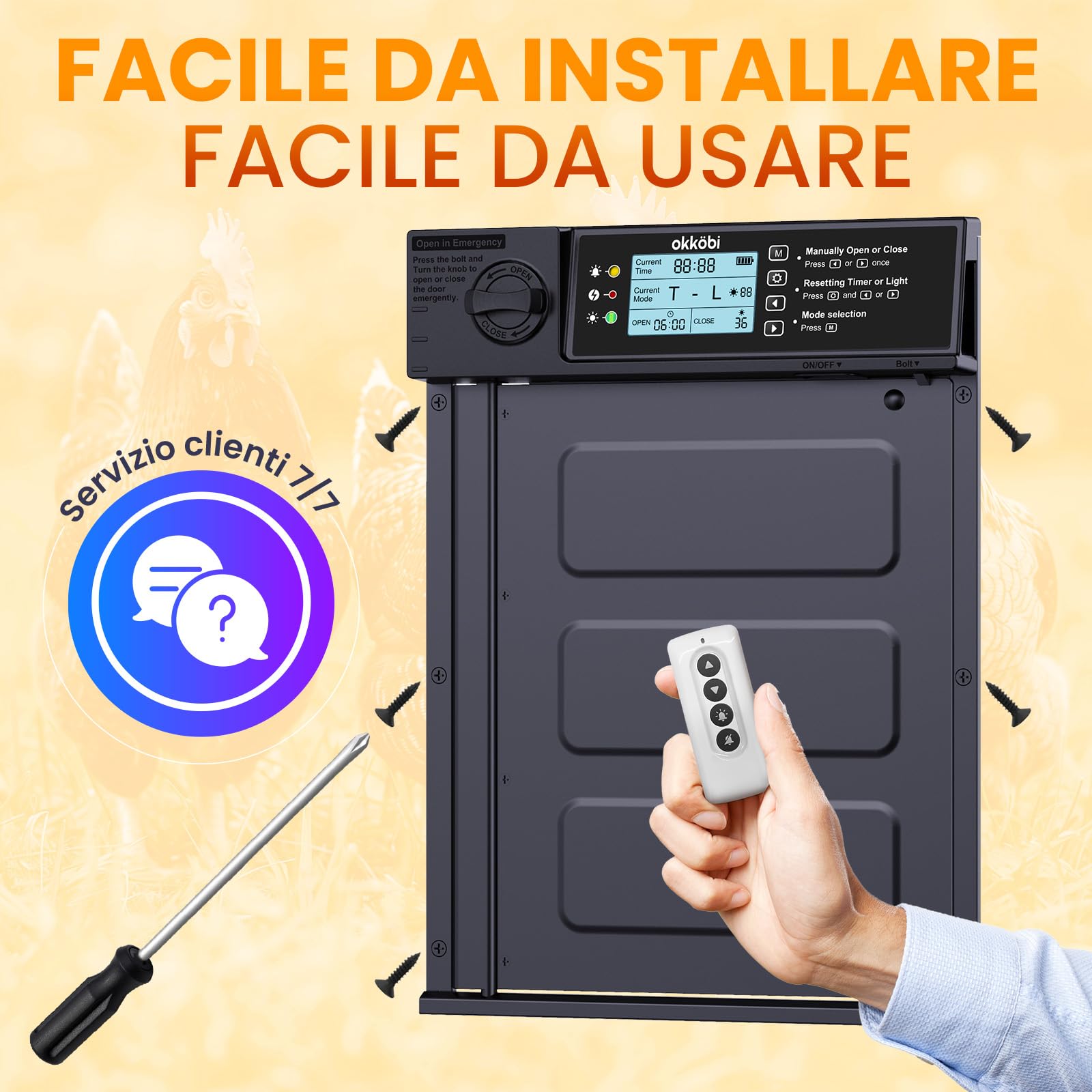 Okkobi Porta Automatica Pollaio Solare - Porta Pollaio con telecomando, Sensore di luce e Timer - Sicurezza e tranquillità: Funzione Antipizzicamento - PRO Version - Display LCD - Protezione di 5 anni