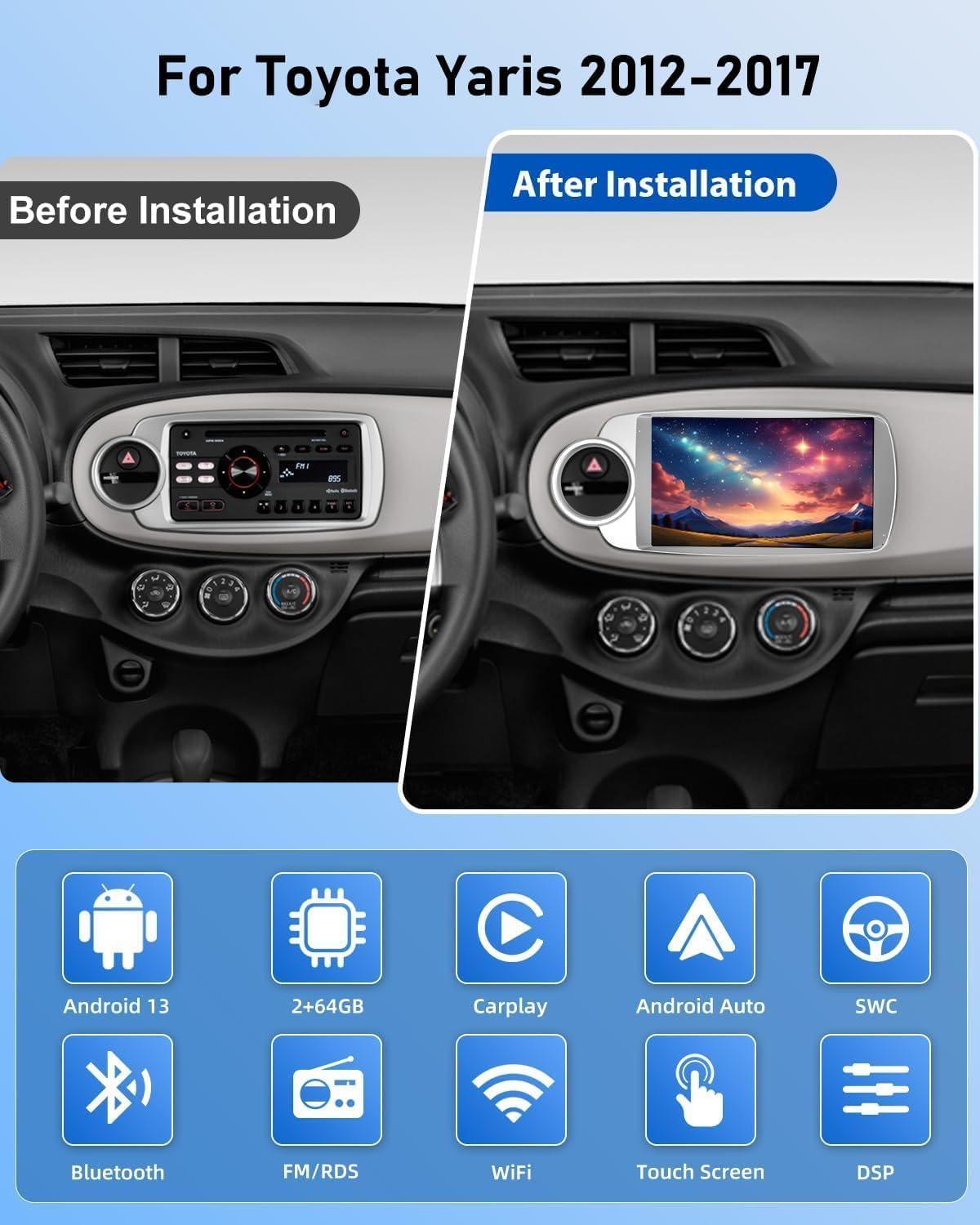 NHOPEEW Autoradio 2+64G per Toyota Yaris 2017-2020 - Carplay senza fili e Android Auto - Stereo Android da 9 pollici con WiFi EQ GPS Mirror Link FM RDS + Telecamera posteriore AHD e microfono