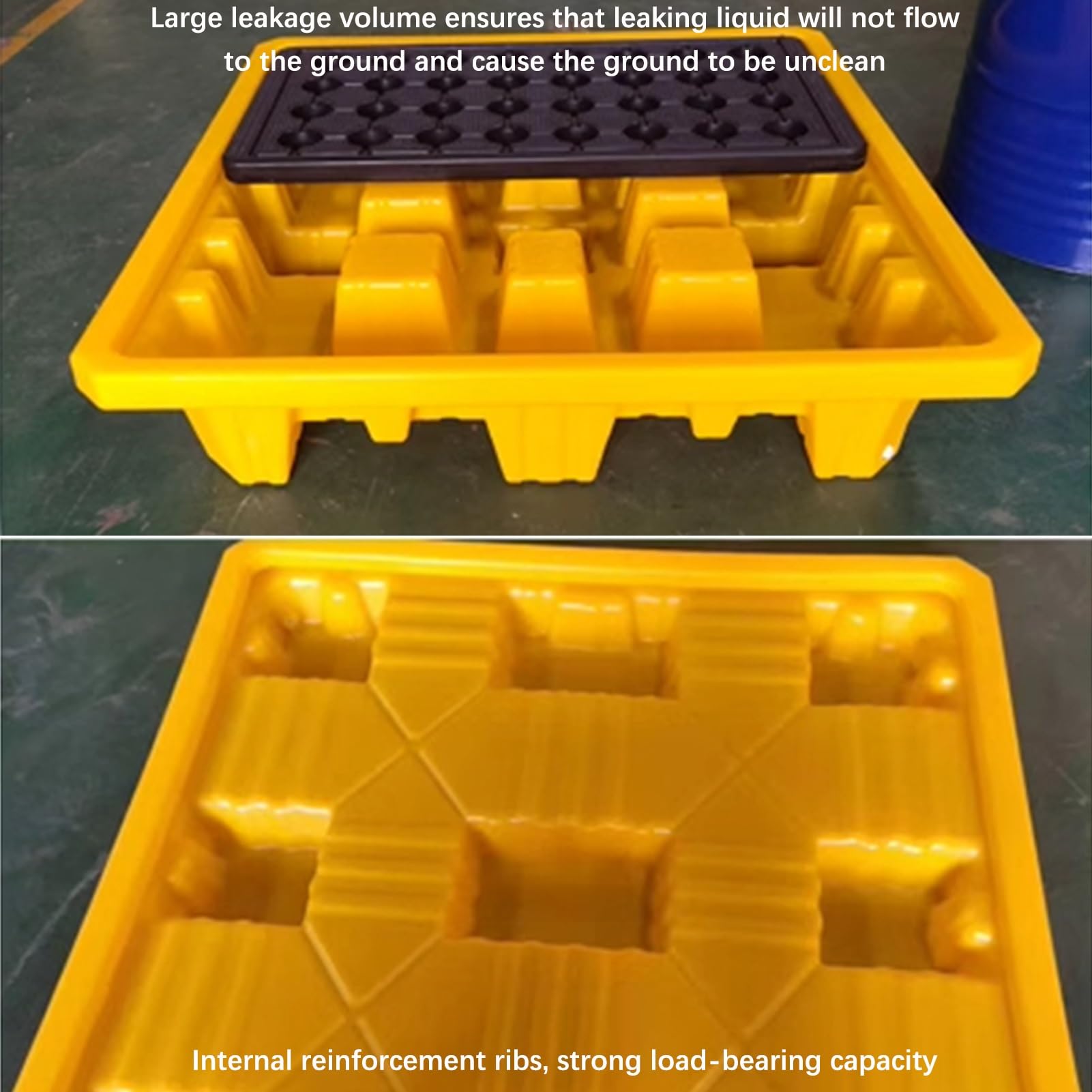 Bandeja de contención de derrames de aceite, paleta modular de polietileno con plataforma de drenaje a prueba de fugas para almacenes, apilable, antideslizante, tambor de aceite y cubeta de pintura