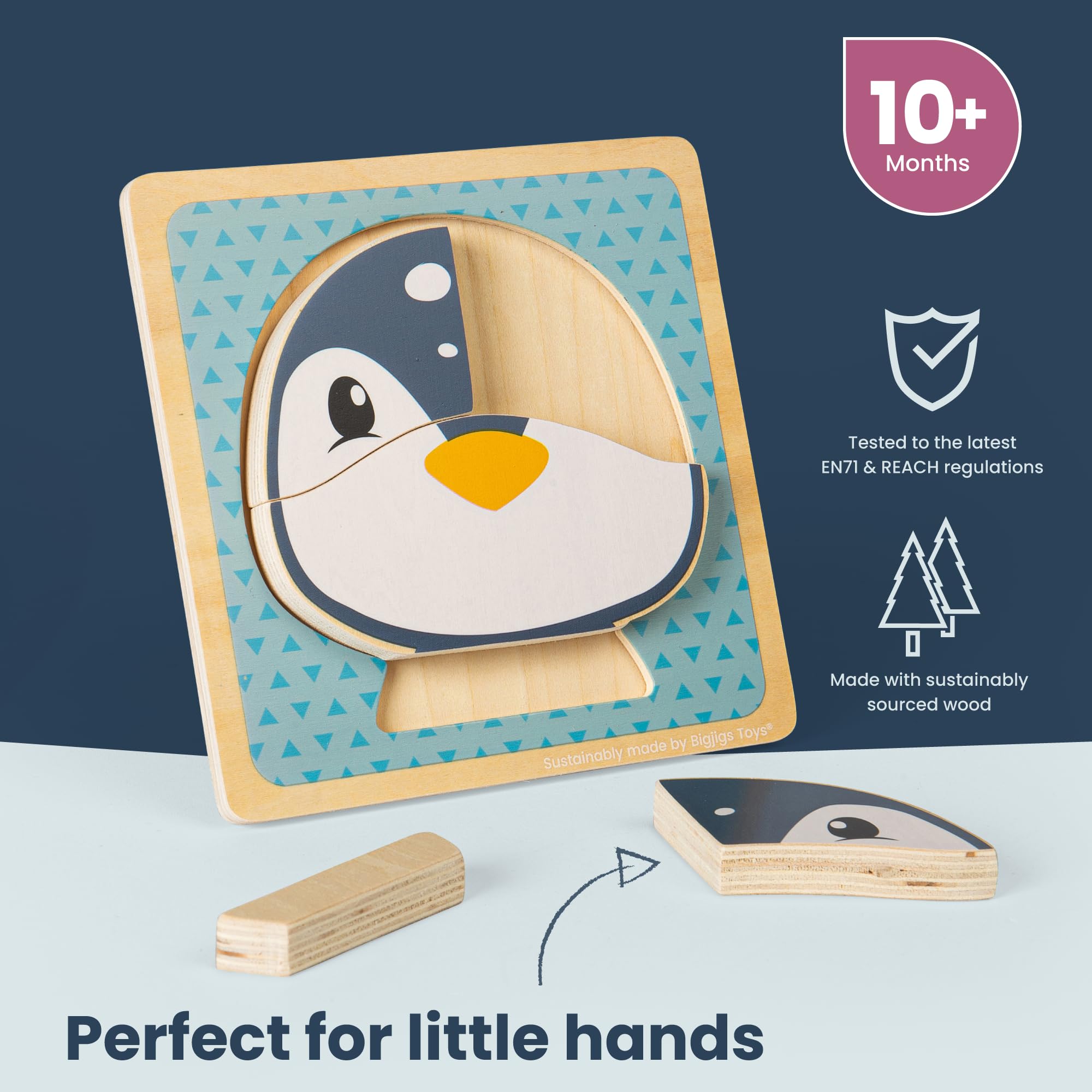 Bigjigs Toys Penguin Chunky Puzzle, 4 Piece Wooden Animal Jigsaw with Tray, Fun Educational Shape Puzzles - Image 3