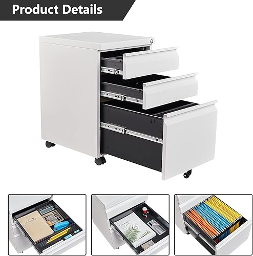 Miniatura 9 de Archivador móvil de 3 cajones con cerradura, archivador debajo del escritorio para oficina en casa, archivadores de metal sobre ruedas para archivo