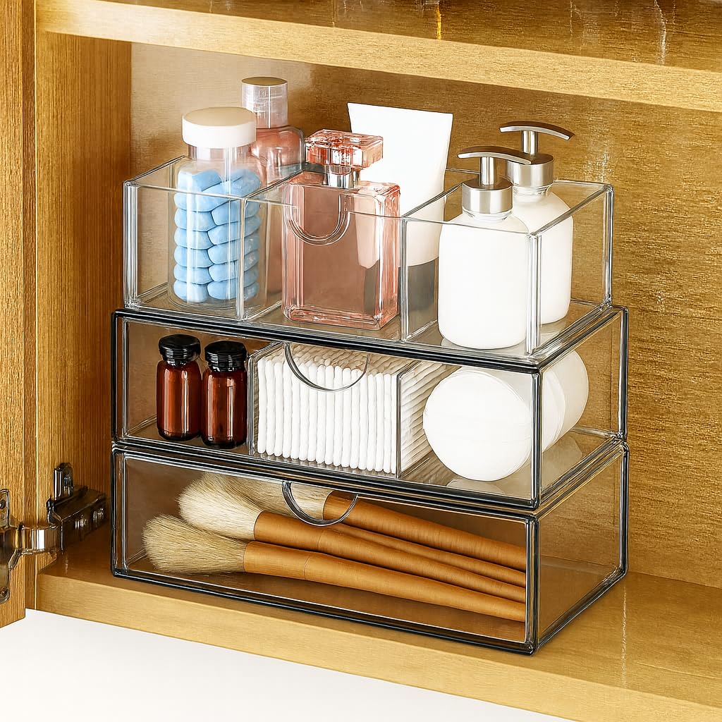 Medicine Cabinet Organizer with Removable Dividers, 3-Tier Stackable Drawer Storage for Bathroom, RV, Vanity, Countertop & Desk