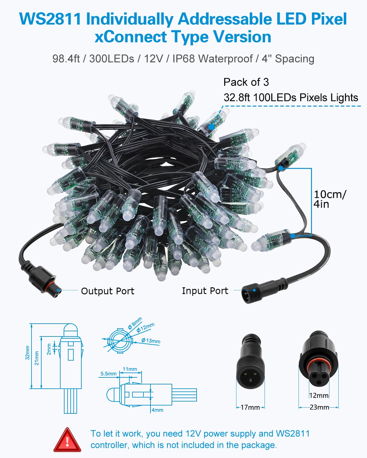 ALITOVE 300 Stück 12V WS2811 RGB Lichterkette mit X-Connector Pixels IP68 | Mit X-Connect Stecker für einfache Verlängerung, 12mm Bullet, für Weihnachtsdeko DIY, Hinweis: Ohne Netzteil & Controller