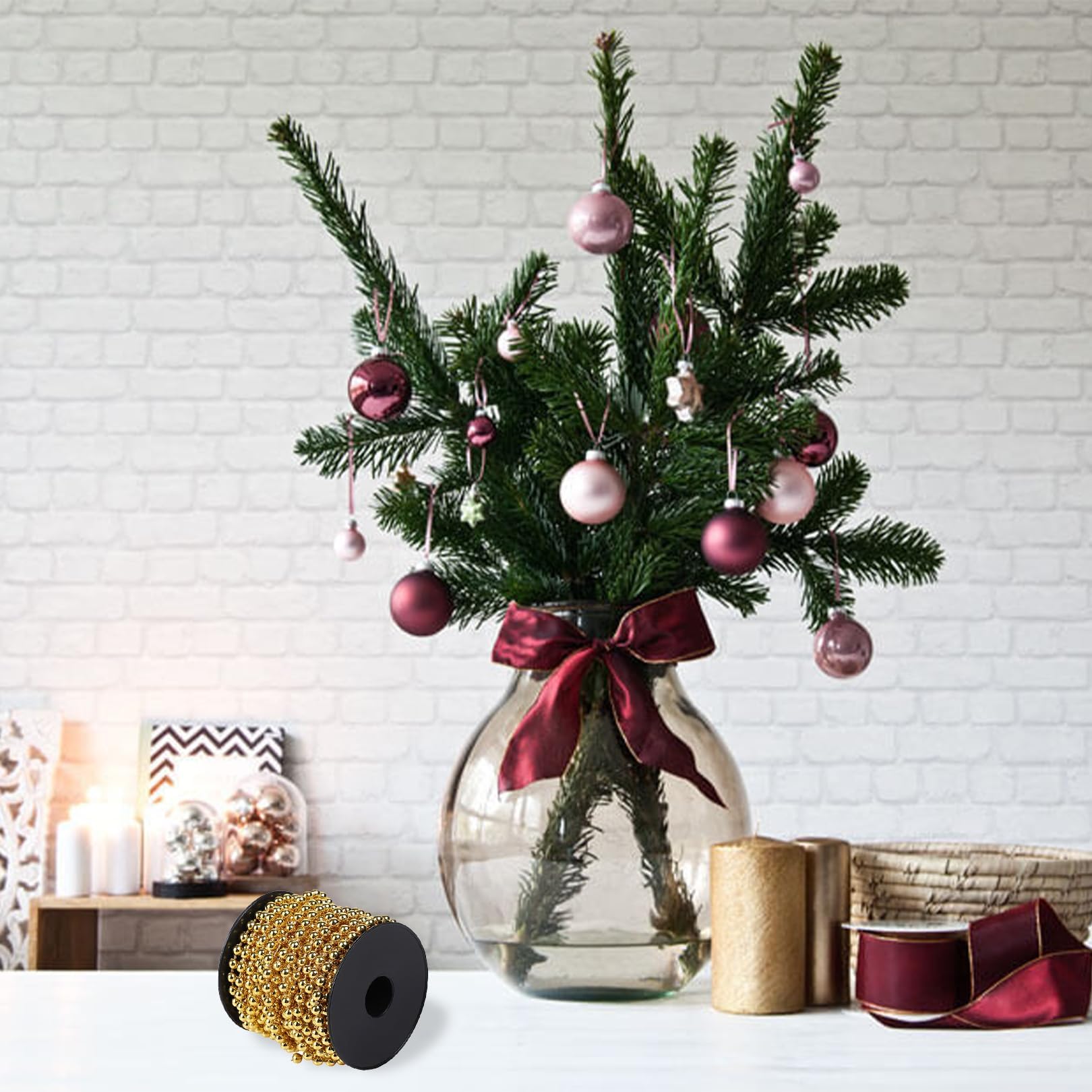 Collar de Perlas para Árbol de Navidad, 10 m, Dorado - Guirnalda y Cadena para Decoración Navideña, Manualidades y Bodas