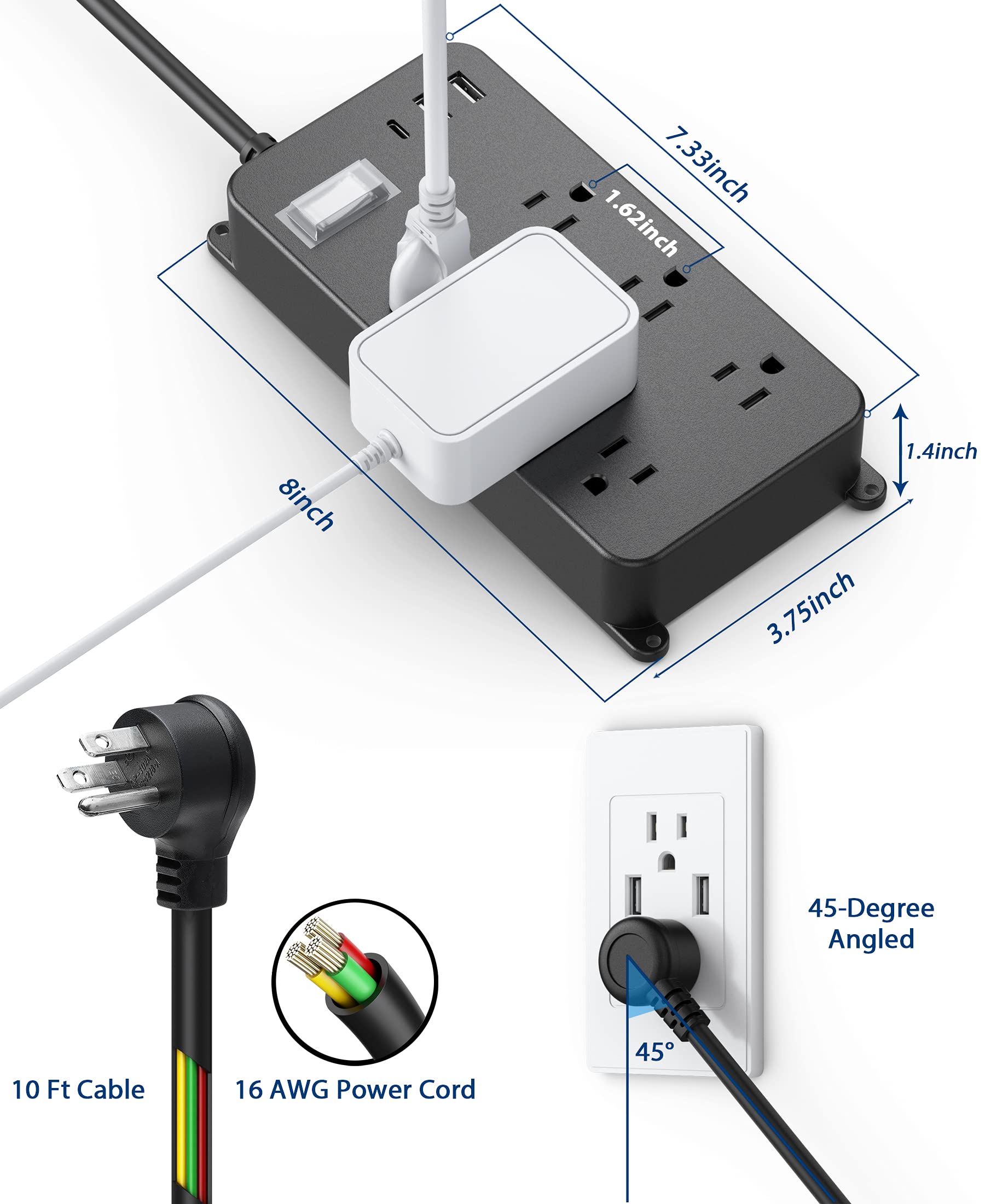 Outdoor Power Strip Weatherproof with USB C,IPX6 Waterproof Surge Protector Wall Mount Multi Outlet Extension for Patio Accessories,6 Outlets and 3 USB Ports,10ft Cable,Flat Plug(2000 Joules)