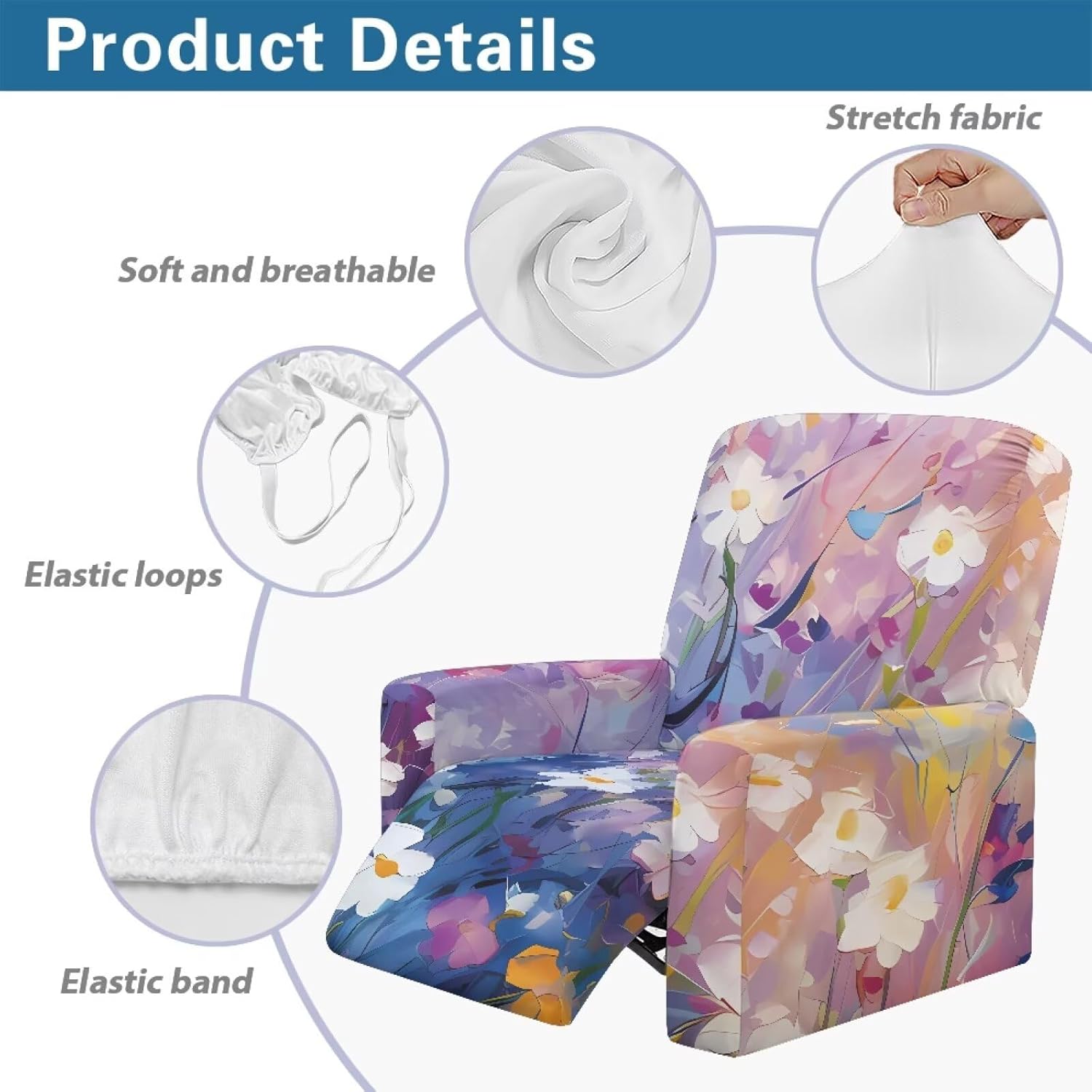 FOR U DESIGNS Oil Painting Floral Universal Non Slip Recliner Cover 4-Piece Set Stretch Fabric Stay in Place Slipcovers with Storage Pockets for Small Recliners Machine Washable