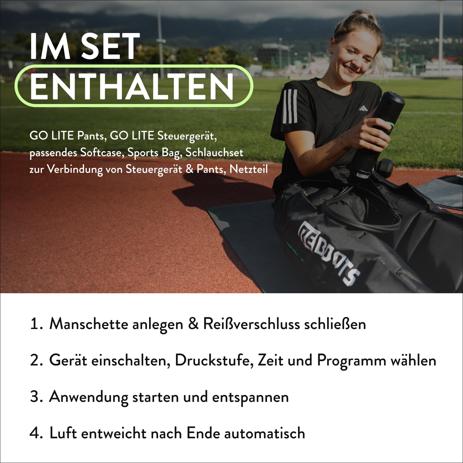 Go Lite Pants – Beinmassagegerät | 180 mmHg | 4 überlappende Kammern | für Zuhause & Unterwegs | S/M