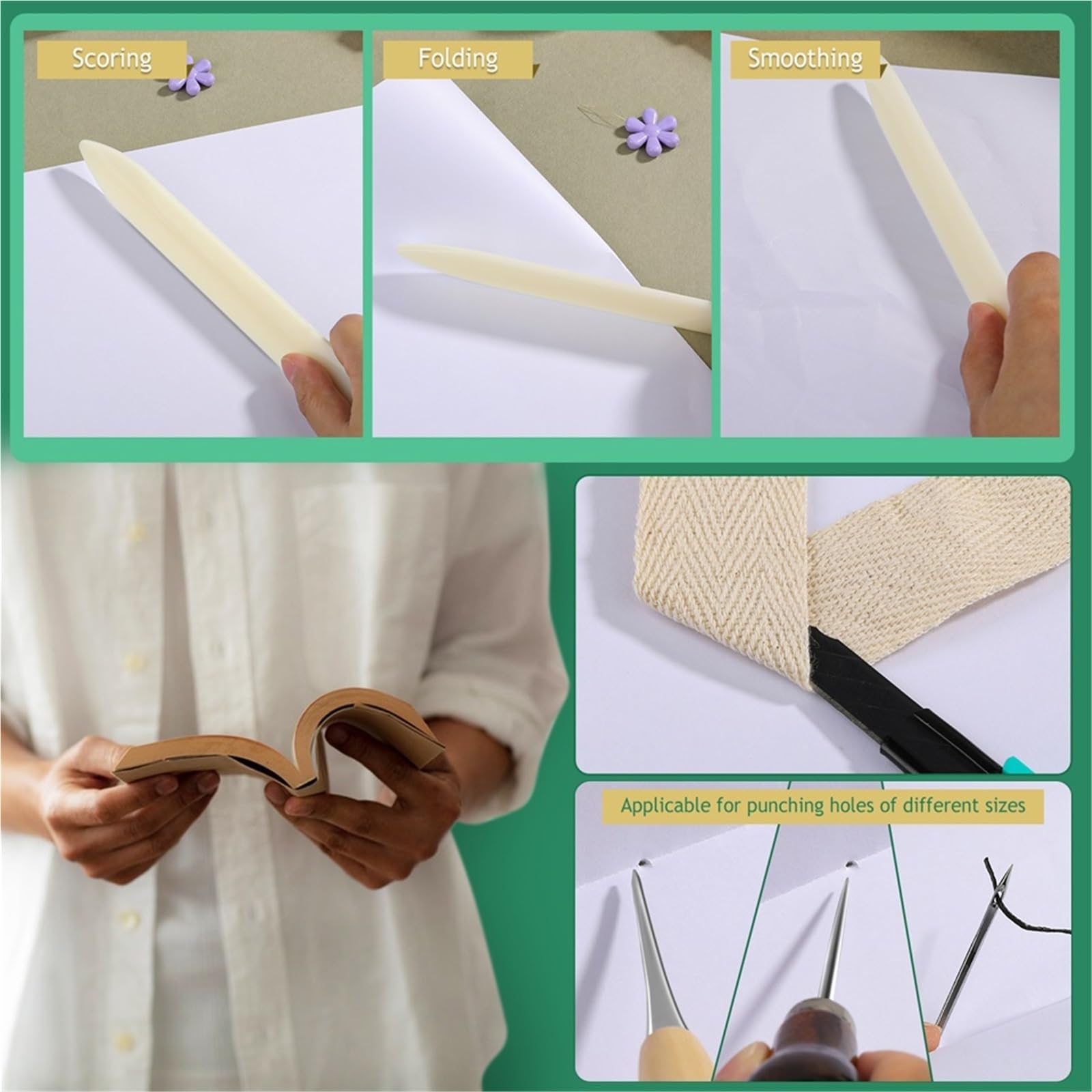 YDYAENIO Kit de 59 herramientas encuadernación manual for principiantes, con 10 hilos encerados y agujas coser for papel