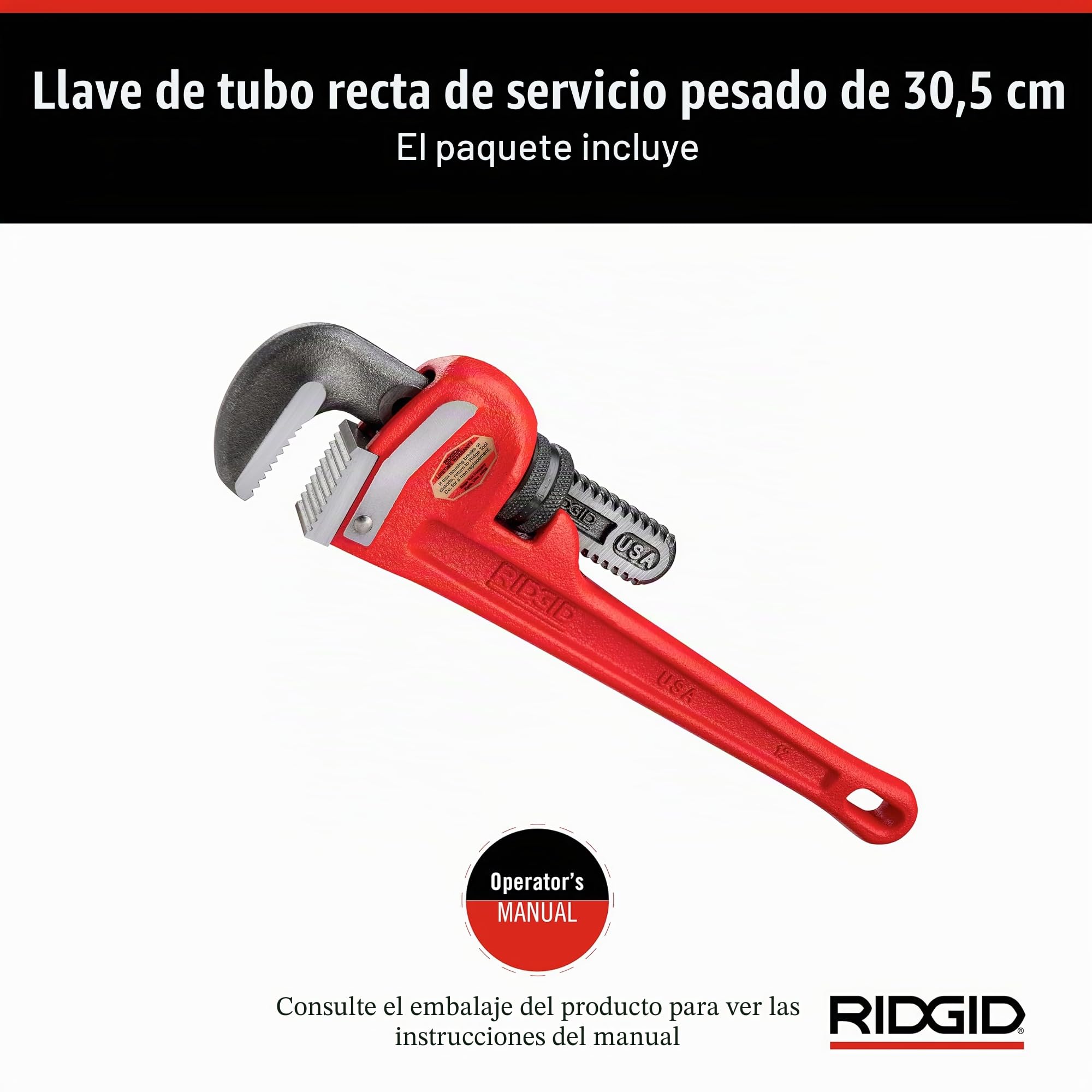 RIDGID 31015 Llave de tubo recta para servicio pesado de 12 pulgadas, Llave de fontanería de 12 pulgadas