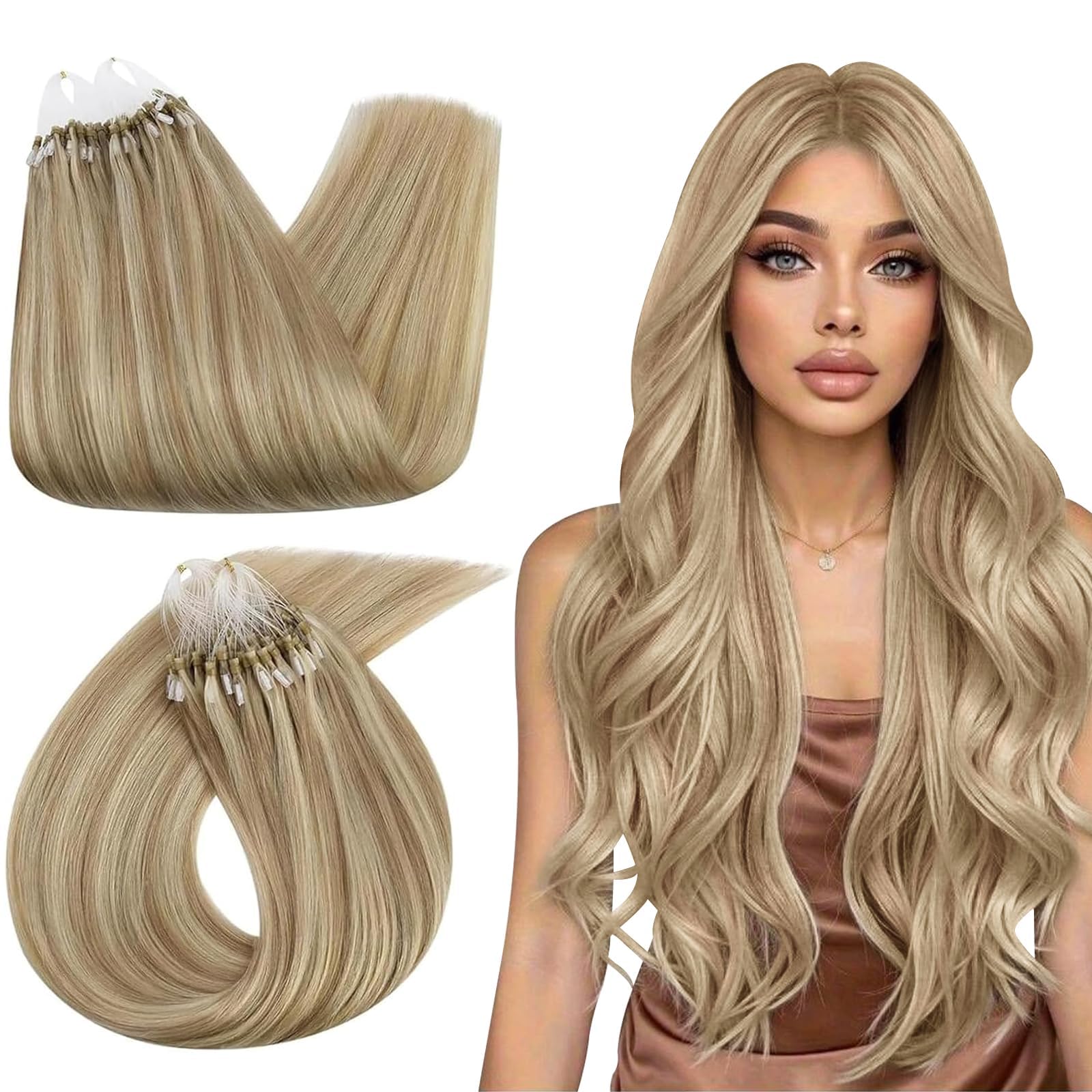 Ugeat Przedłużanie Włosów Mikro Link, Włosy Ludzkie, Pasemka Ciemny Popielaty Blond, 35 cm 50 sztuk 50g, Przedłużanie Włosów Mikro Koralik Złotym Blondem, Remy Proste
