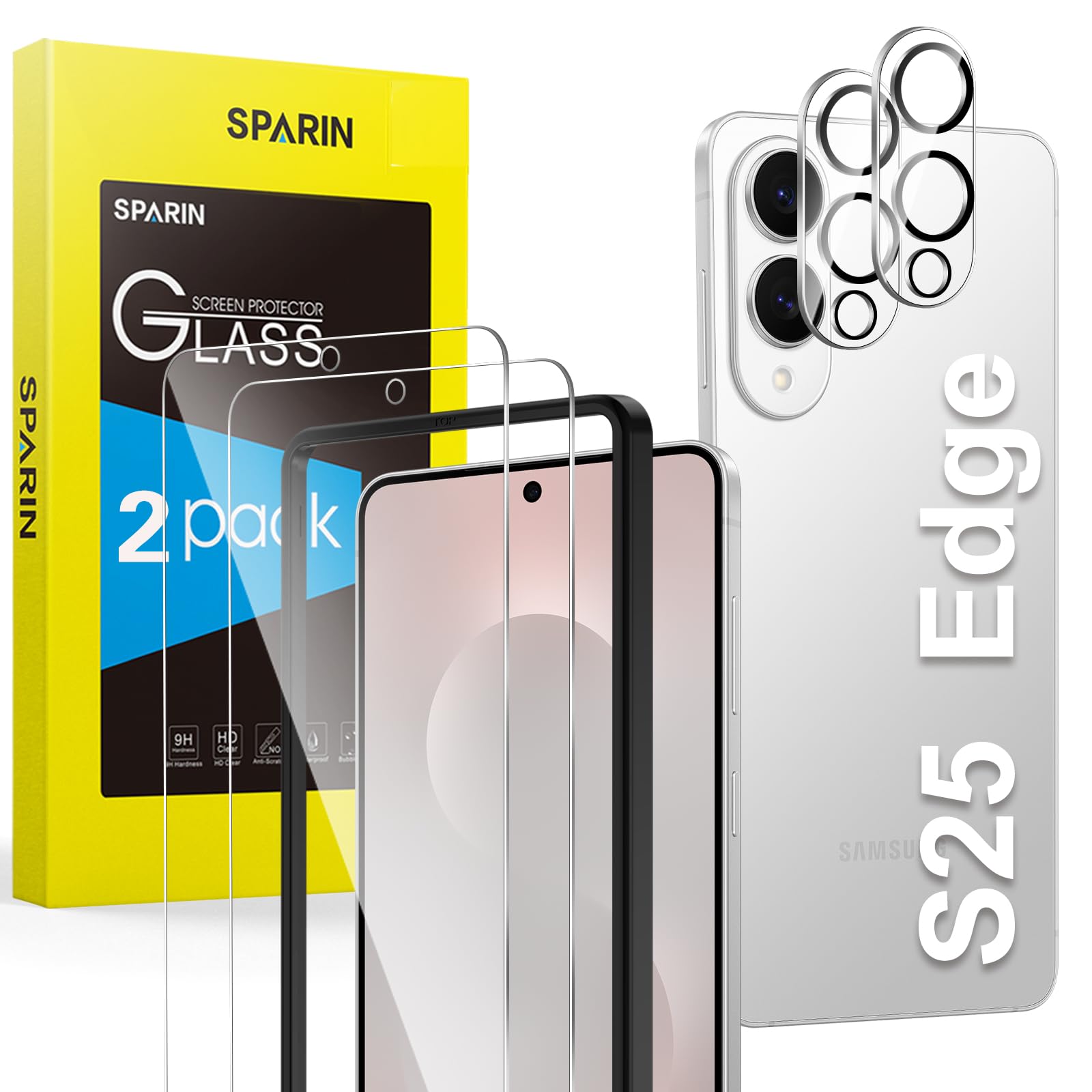 SPARIN für Samsung Galaxy S25 Edge Panzer Schutz Glas, Schutzfolie und Kameraschutz, mit Positionierhilfe, Fingerabdruck-ID Unterstützen, HD-Klar, Ultrabeständig, 6,7 Zoll, 2+2 Stück