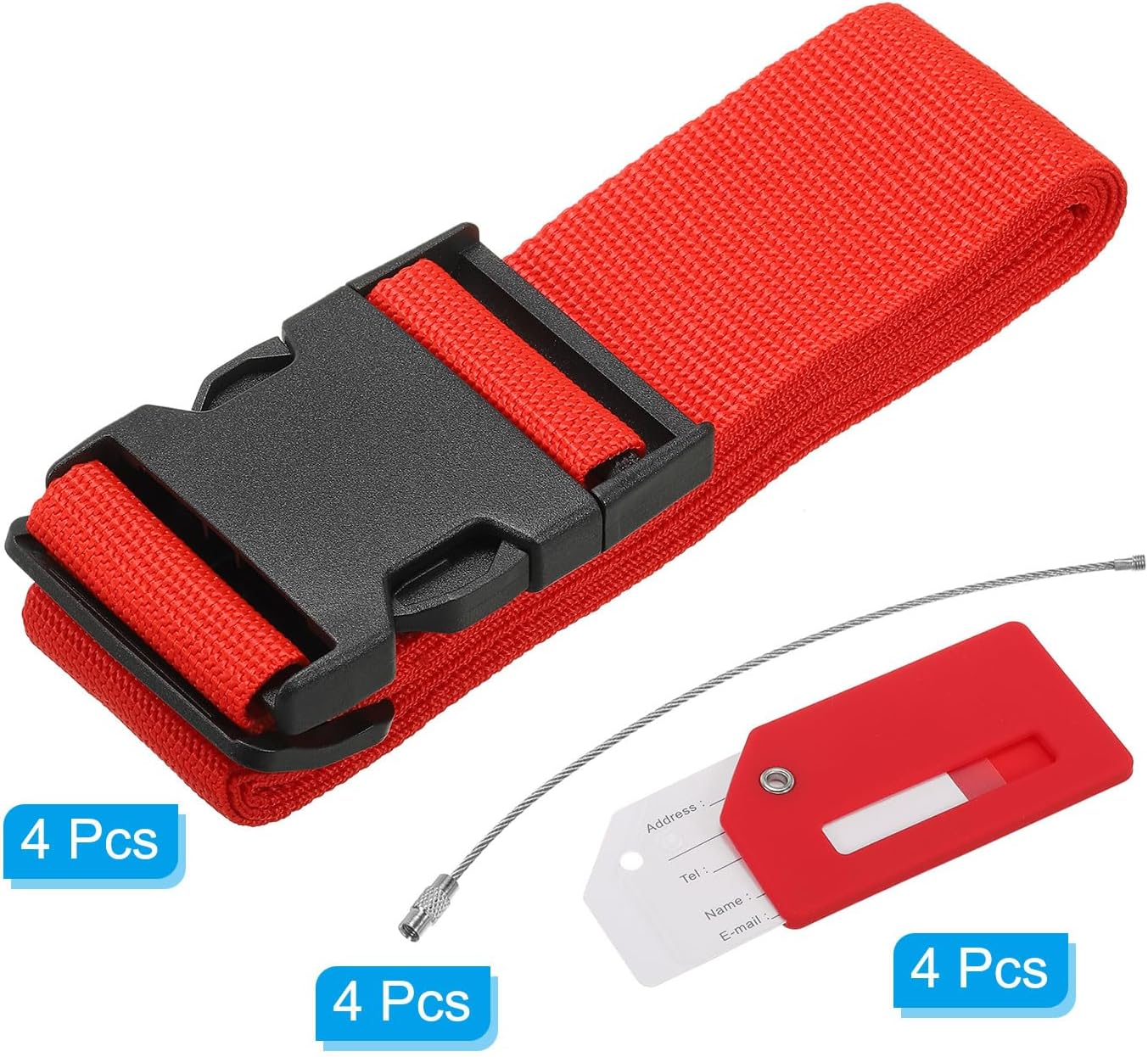 PATIKIL Luggage Strap with Luggage Tag and Loop 78"x2", 4 Set Adjustable Suitcase Belt for Travel Packing Bag Closure Identify, Red