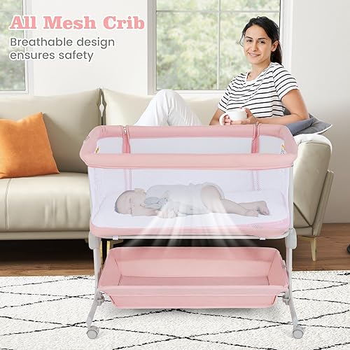 Miniatura 4 de INFANS Cuna de bebé 3 en 1, cama de noche con colchón cómodo, ruedas, 6 altura ajustable, cesta de almacenamiento, bolsa de viaje, cuna portátil de