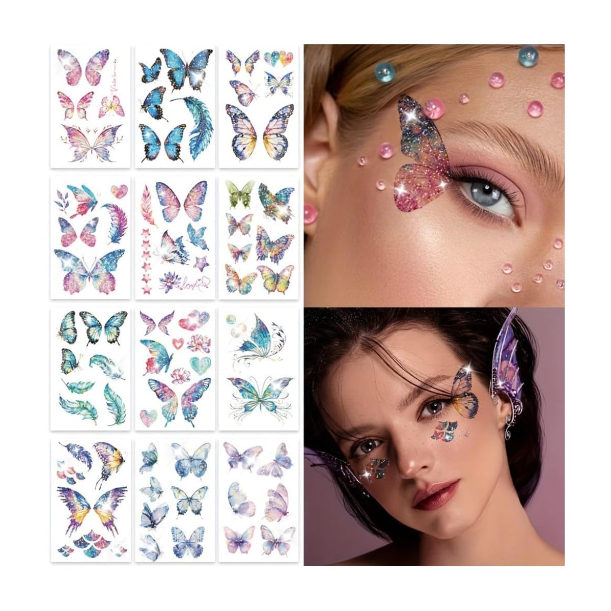 Store2508 12 Sheets Glitter Butterfly Temporary Tattoo Stickers, Colourful Body Art Tattoos for Face Hand Arm Party Makeup Fancy Dress Festival Kids Girls Women-image-41