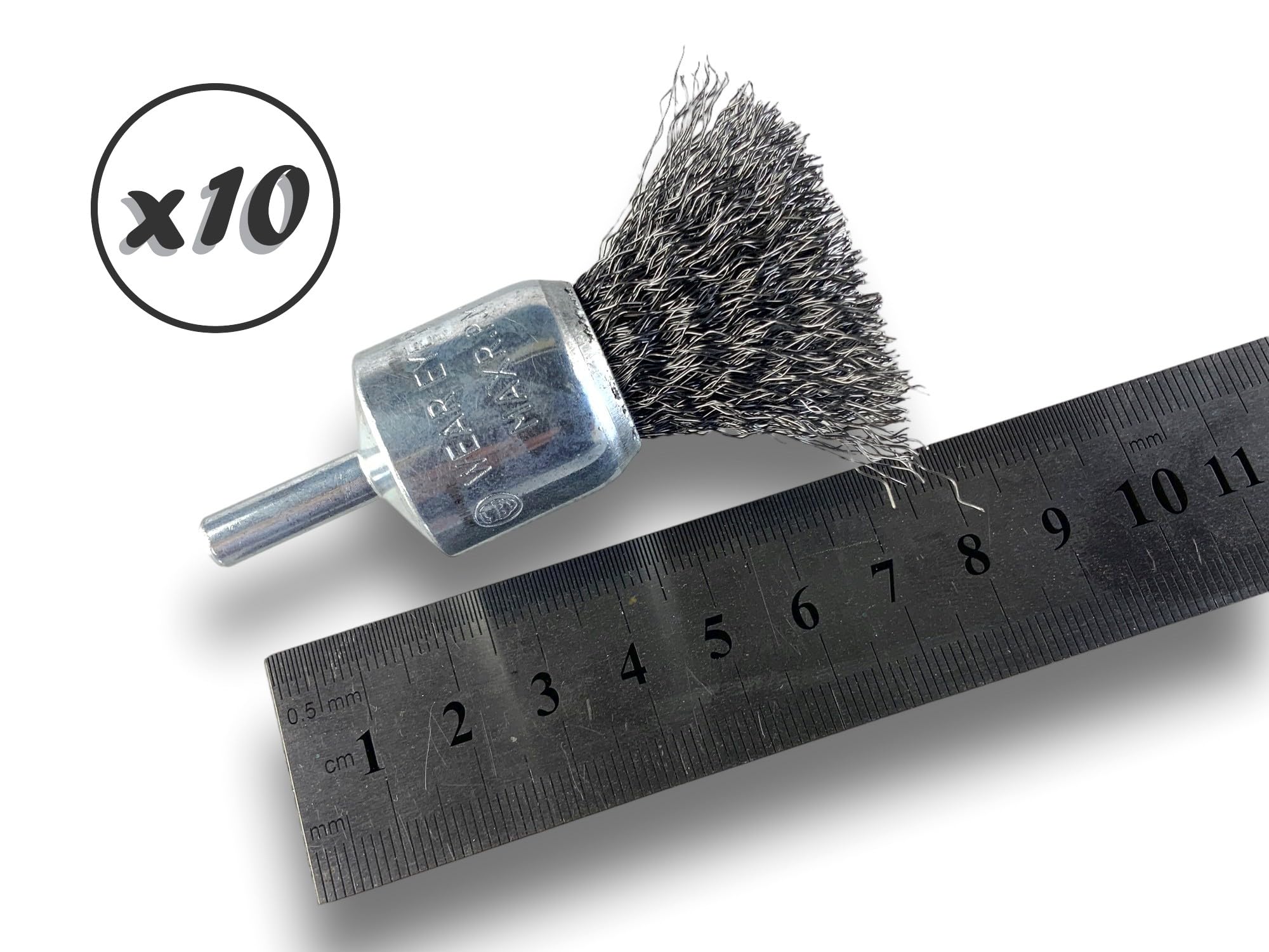 Metalowa szczotka obrotowa z końcówką Ø 22 mm | Zestaw 10 sztuk | Kształt pędzla na pręcie Ø 6 mm | Nici stalowe Ø 0,20 mm miękkie | Do wiertarki lub wkrętarki z uchwytem | Kibros 20AV22x10