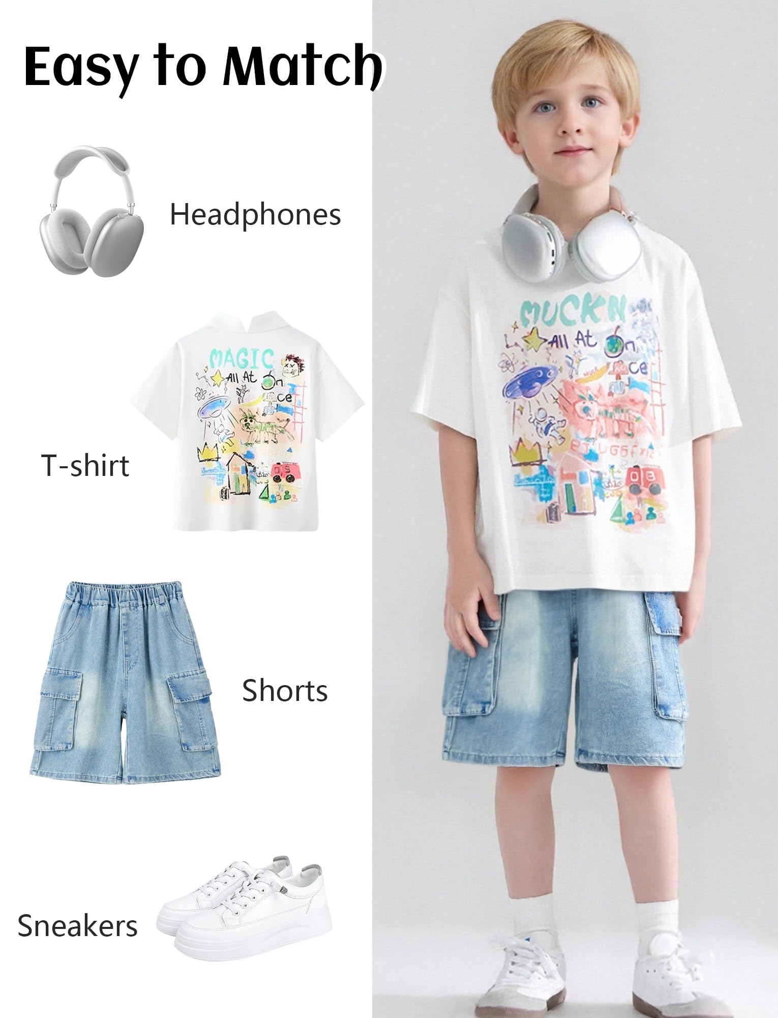 SEAUR Short Baggy Garçon Cargo Enfant Jean Été Taille Élastique Denim Pantalon Court Ado Bermudas Respirant avec Poches 5-15 Ans