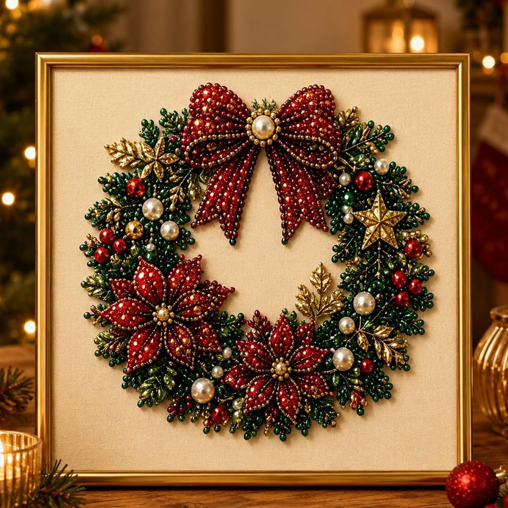 DIY Christmas Pearl Diamond Art Painting Kit with Frame,Christmas Pearl Beads Art Craft for Adults & Beginners,Gemstone Diamond Dots Beads Painting for Home Wall Decor,Beginner DIY Seasonal Party Gift
