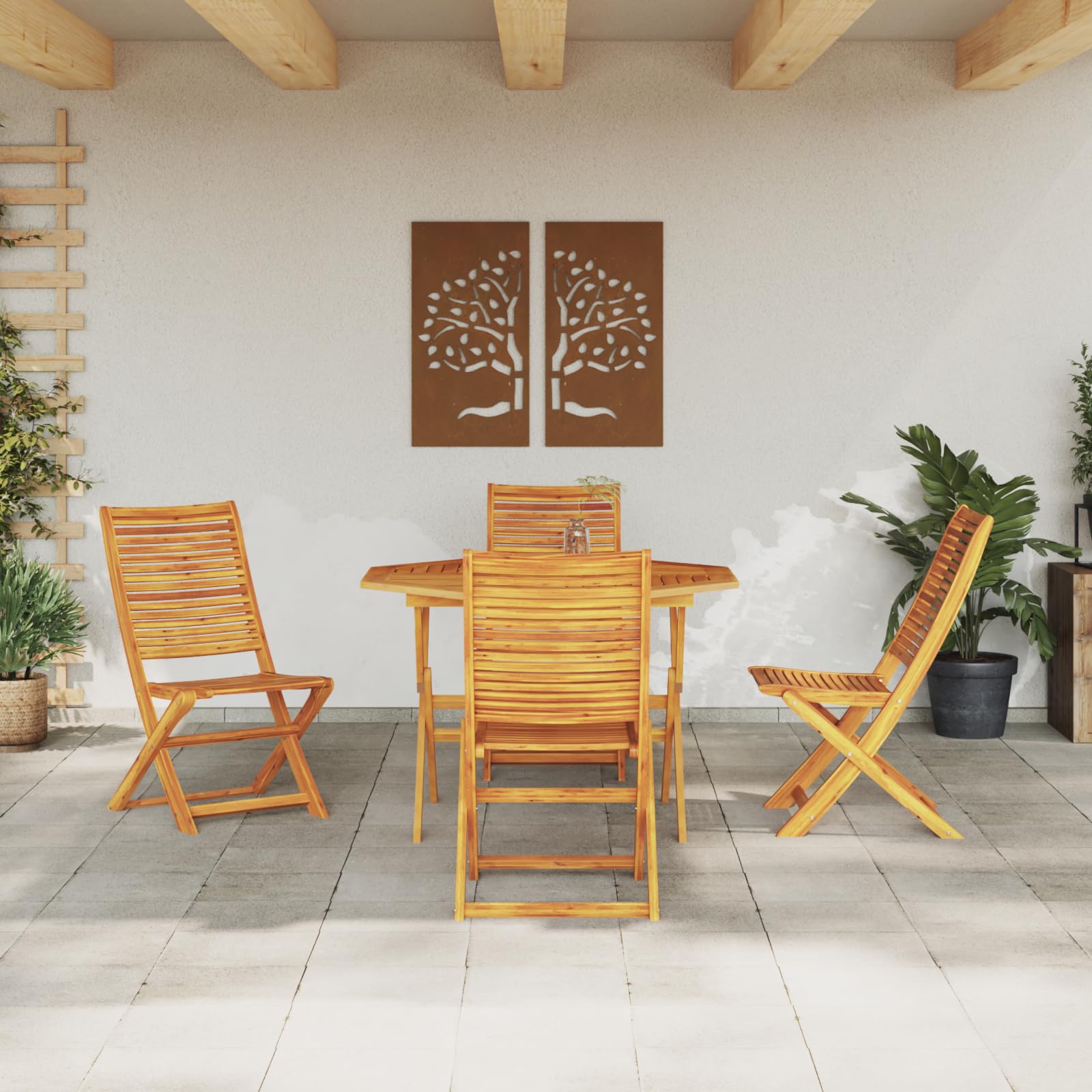 Juego de mesa y sillas plegables de madera maciza de acacia para terraza, balcón, muebles plegables robustos con estilo rústico y fácil almacenamiento