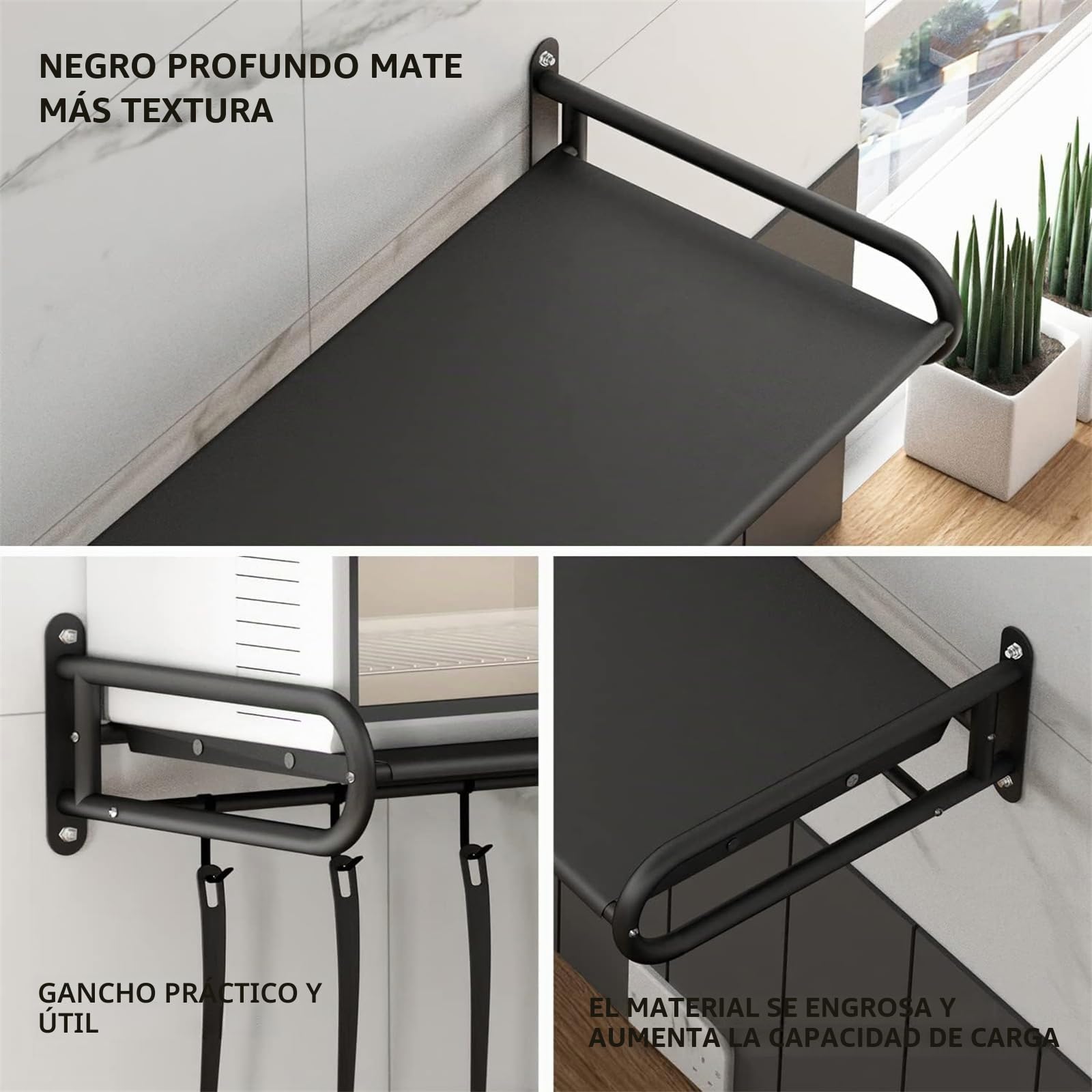 Soporte de pared para microondas, de metal, con 6 ganchos, soporte para microondas (negro)
