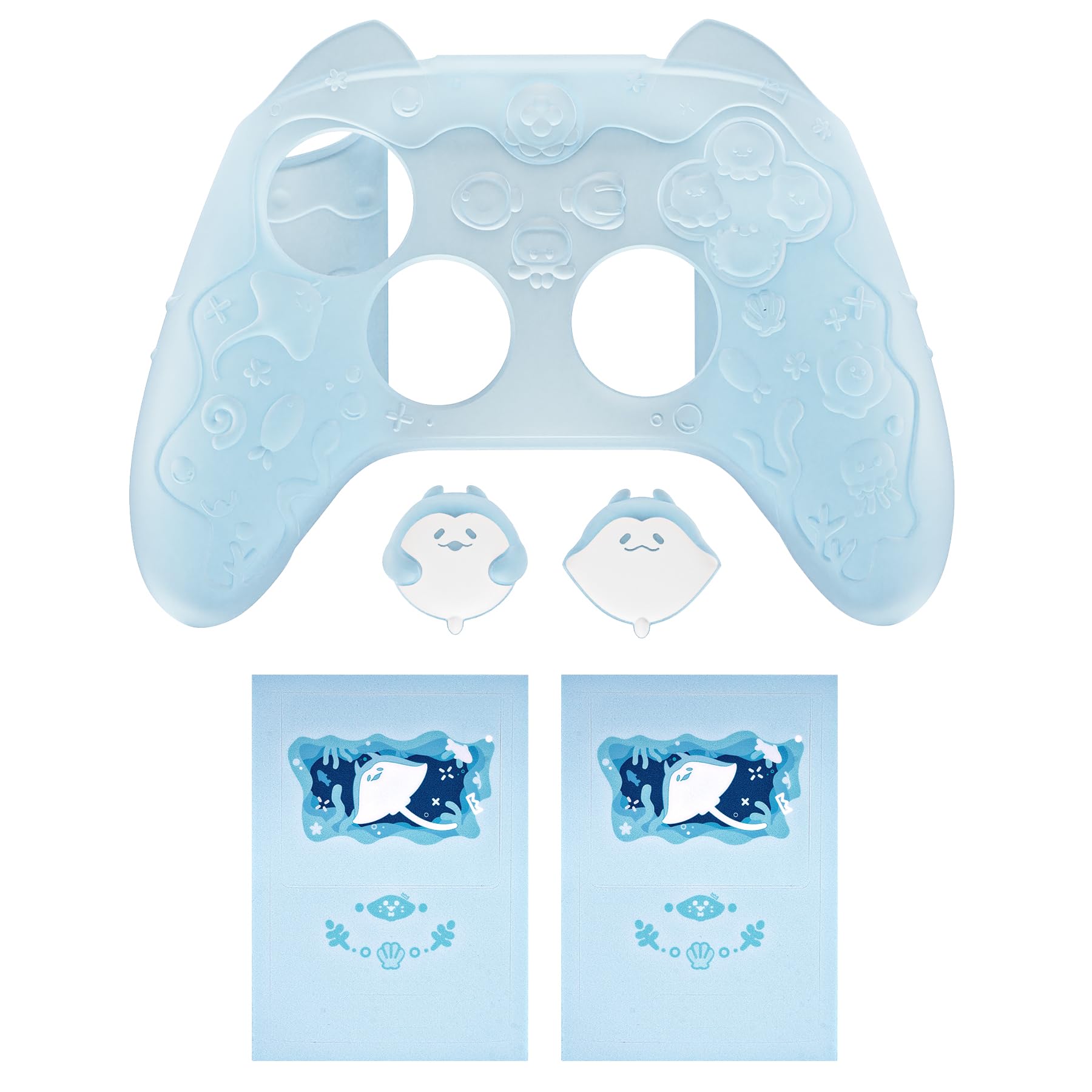 PlayVital Funda de Silicona para Xbox Series S/X Mando, Carcasa Protectora Antideslizante Semi-Transparente, Protección Completa, Incluye Thumb Grips y Sticker - Cute Ocean Whisper (Azul Menta)