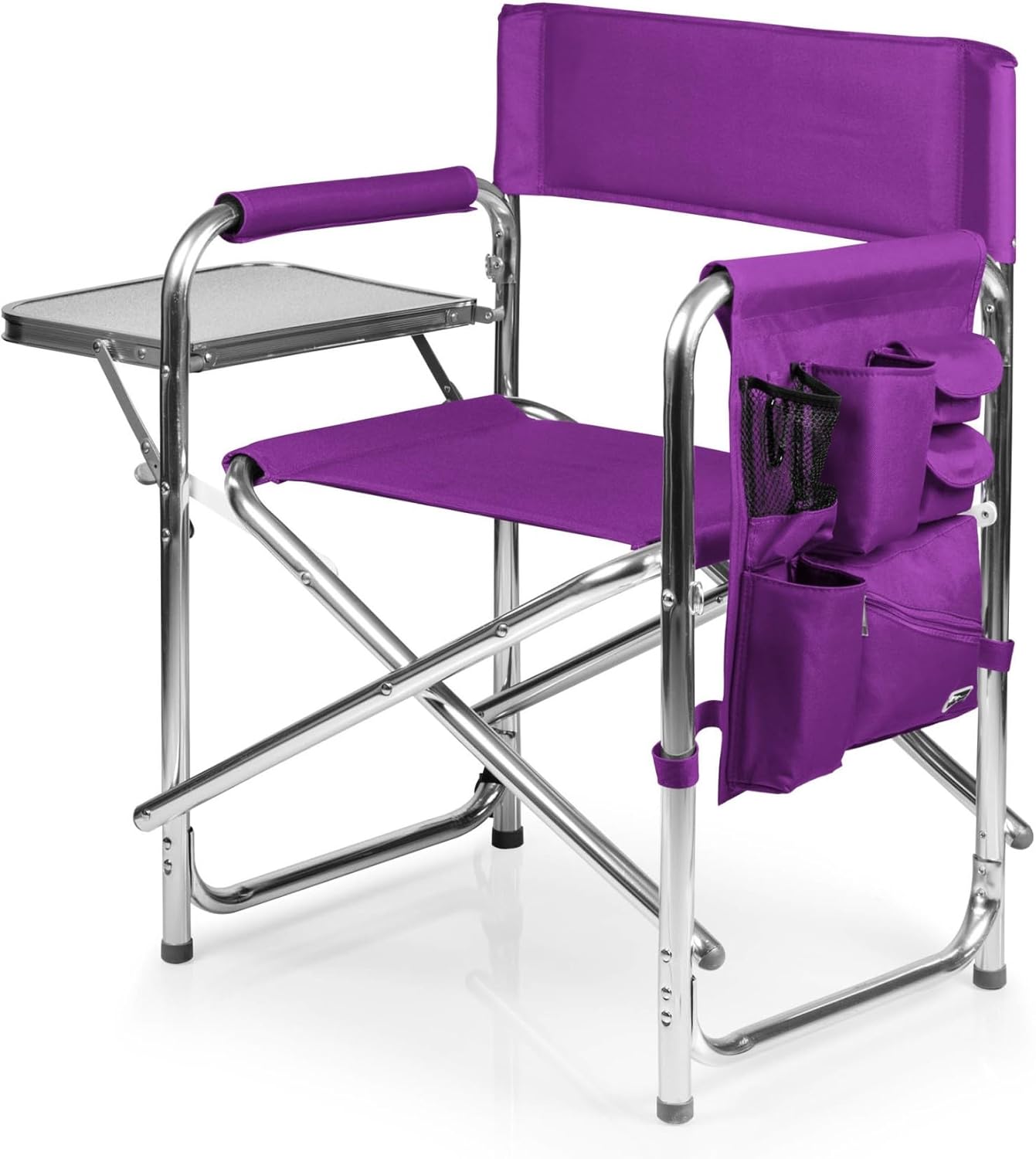 PICNIC TIME Sports Chair with Side Table and Armrest Caddy, Lightweight Aluminum Folding Outdoor Camping Chair for Adults, Portable Director Style Lawn Seating with Pockets & Carry Strap, (Purple)