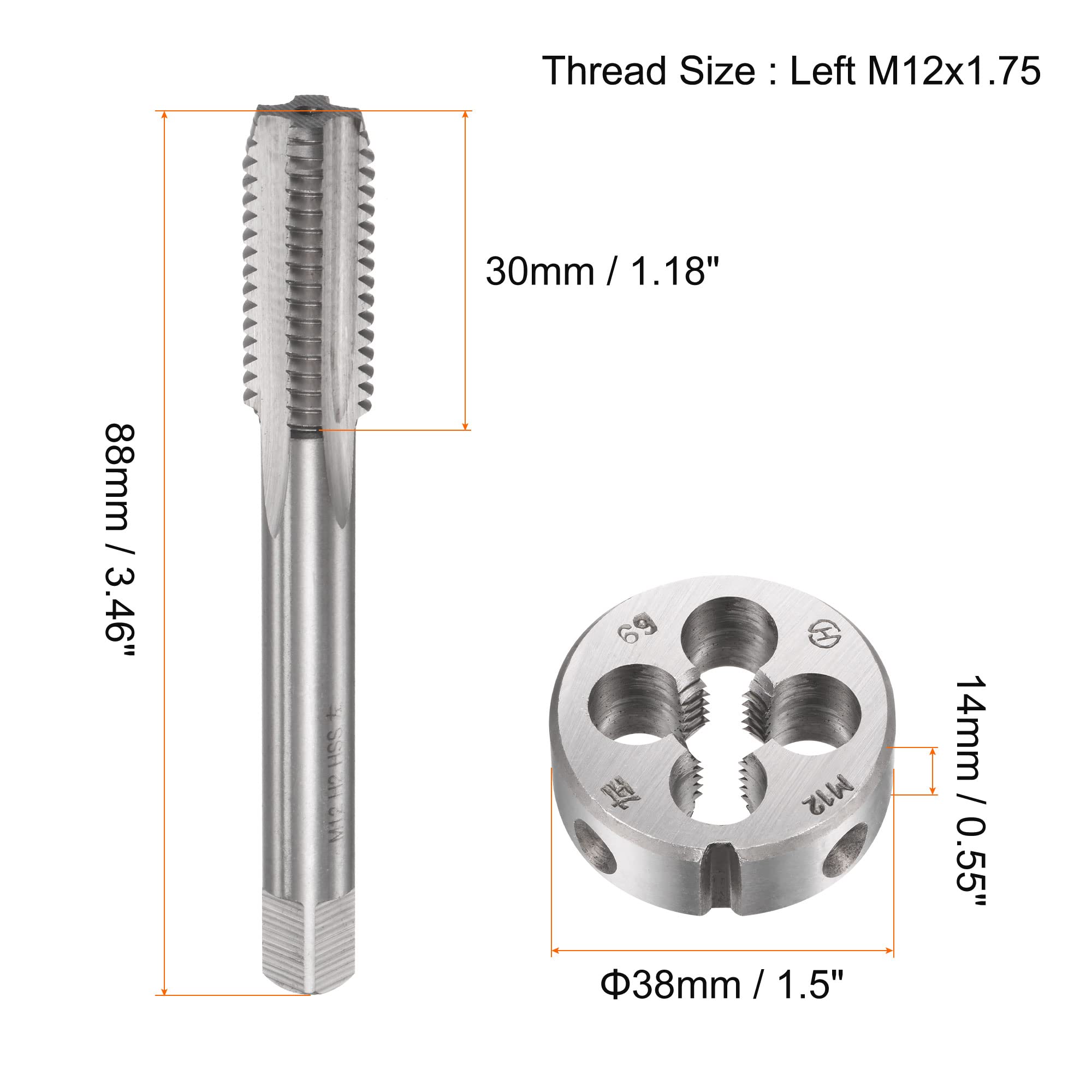 Juegos de machos y terrajas, macho de roscar de flauta recta con matriz de roscado redondo, rosca métrica izquierda M12 x 1,75, kit de machos y terrajas para reparación de roscas de pernos, tornill