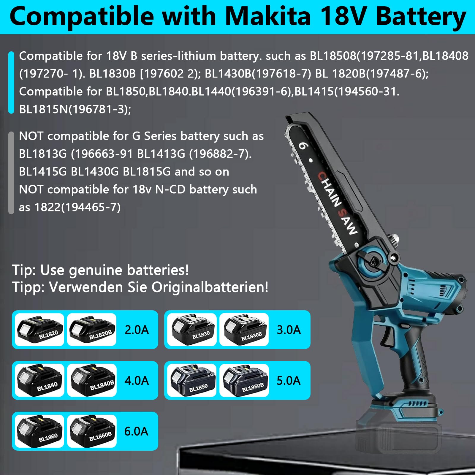 Élagueuse sans fil 2 en 1 - Compatible avec Makita 18 V - Scie d'élagage 2 en 1 sans balais - Avec manche télescopique et télescopique - Hauteur de travail : 4,5 m