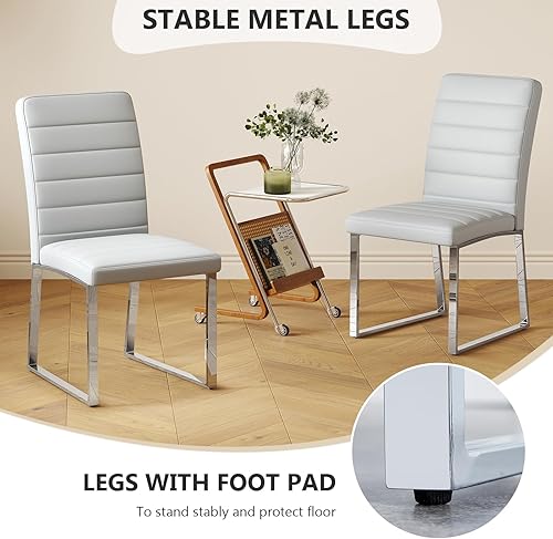 Miniatura 4 de Hommoo Juego de 2 sillas de comedor tapizadas de piel sintética, asiento acolchado sin brazos con patas de metal, moderna silla de comedor para Gris