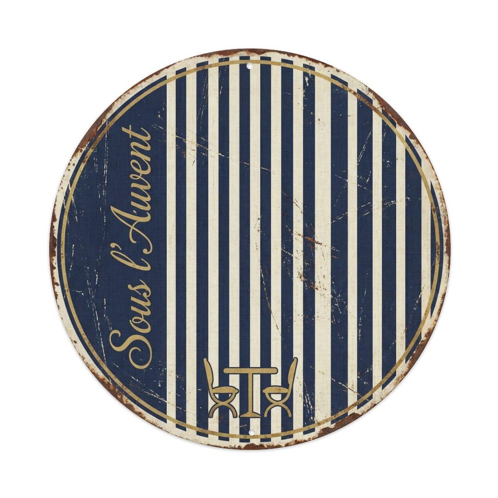 Striped Awning Lounge Cafe Metal Tin Sign Plaque Wall Decor for Cafe, Club, Garden Round Metal Poster 8x8Inch