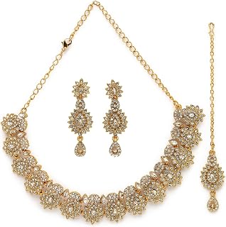 Sukkhi Eye-Catching Gold Plated AD Stone Collar Bone Necklace Set With Earring And Maangtika | Jewellery Set For Women (NS... Price In India