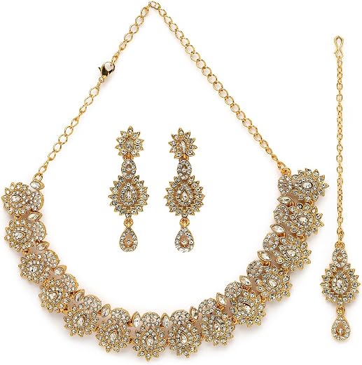 Sukkhi Eye-Catching Gold Plated AD Stone Collar Bone Necklace Set With Earring And Maangtika | Jewellery Set For Women (NS...