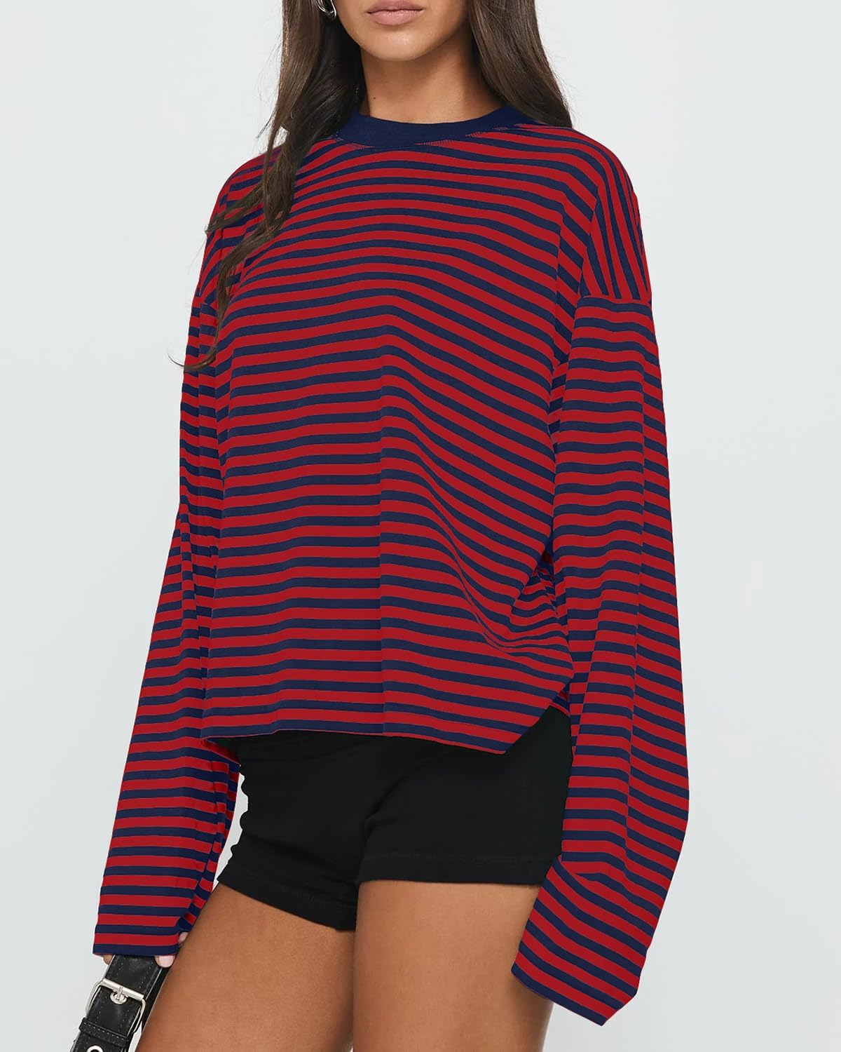 Cioatin Women Oversized Long Sleeve Striped Tee Shirt Tops Y2K Aesthetic Preppy Crewneck Sweatshirt Pullover Fall Outfits - Image 3