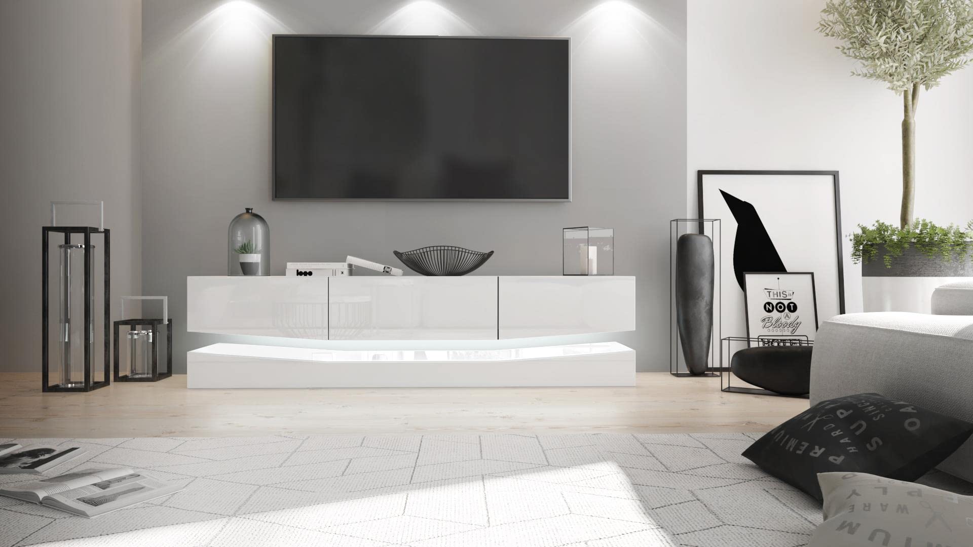 Vladon Buffet Bas City, Meuble TV avec Socle, 1 Compartiment Ouvert et 3 tiroirs, Blanc Haute Brillance/Blanc Haute Brillance (178 x Variable x 39 cm)