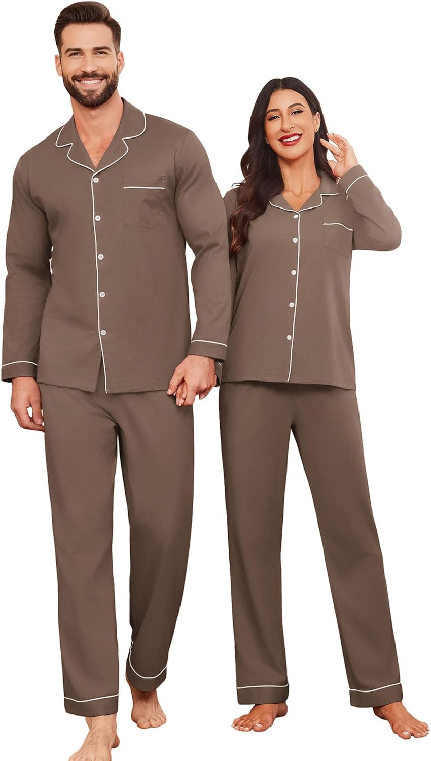 Ekouaer Couple Matching Pajamas 100% Cotton Long Sleeve Sleepwear Button Down Loungewear Pjs Set S-XXL