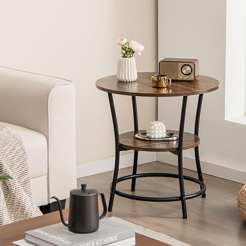 Miniatura 2 de Giantex Juego de 2 mesas auxiliares redondas, mesa auxiliar industrial con 2 estantes de almacenamiento y marco de metal resistente, mesa de noche
