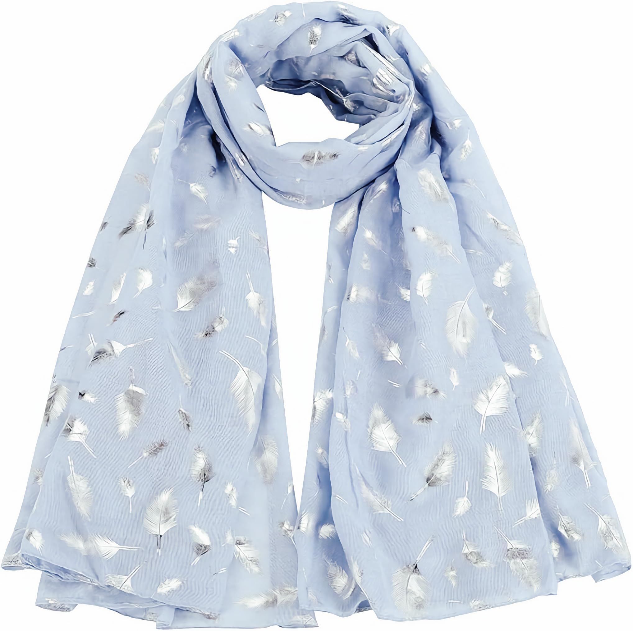World Of Shawls Women's Feather Baby Blue New Glitter Foil Sparkle Print Scarf Scarves Clearance (Feather Baby Blue)